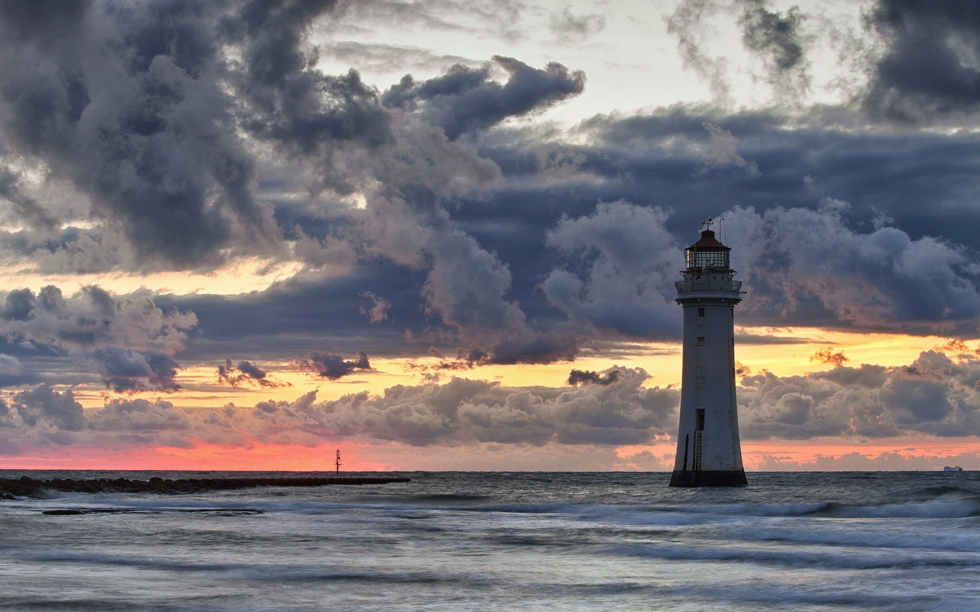 cloud - sky, no people, 1080P, sea, tower, lighthouse, built structure, scenics - nature, sunset, nature, security, guidance, protection, beauty in nature, HD Wallpaper