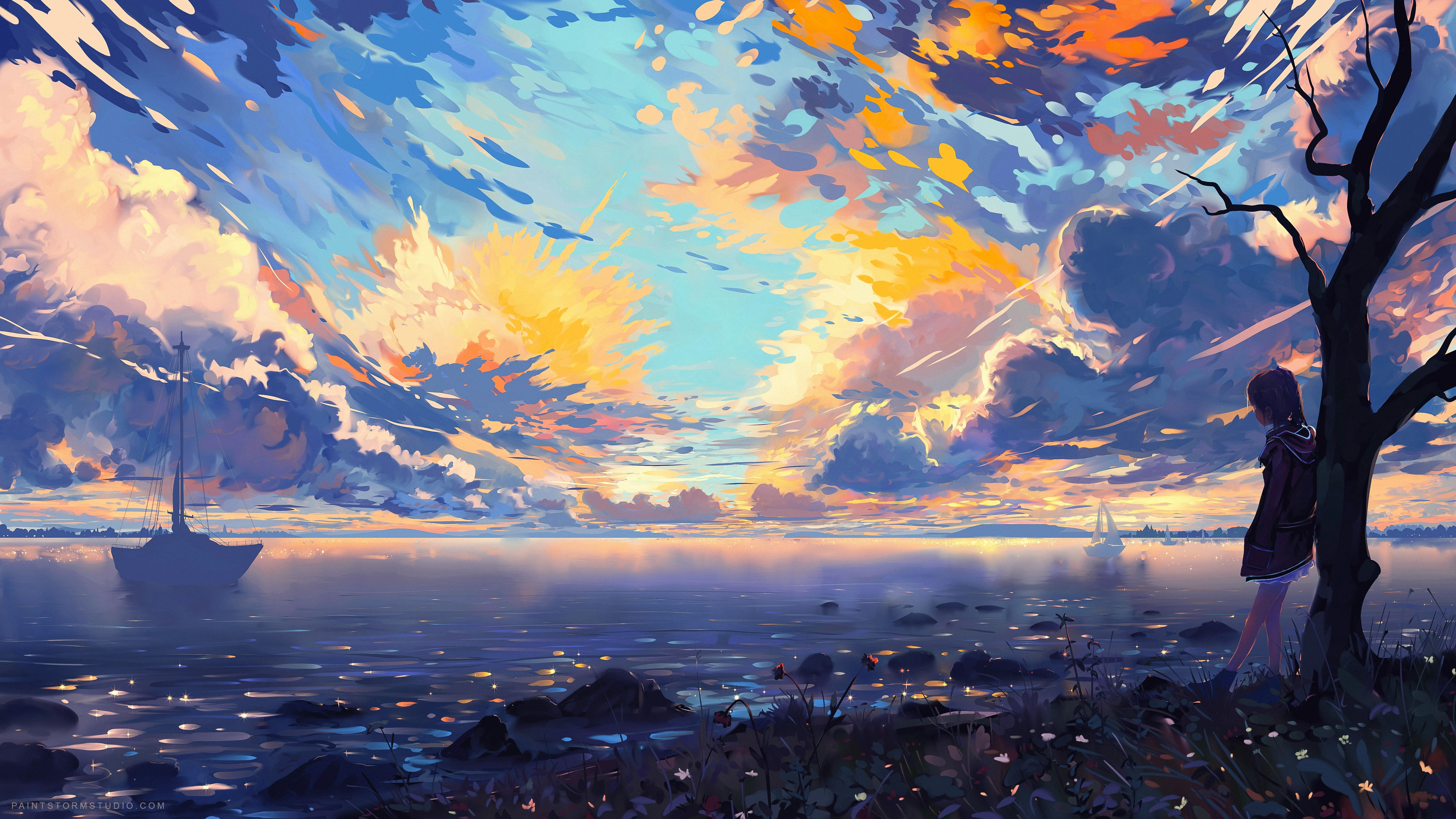 ships, Anime, anime landscape, colorful, clouds, sea, horizon, scenic, tree, 5K, HD Wallpaper