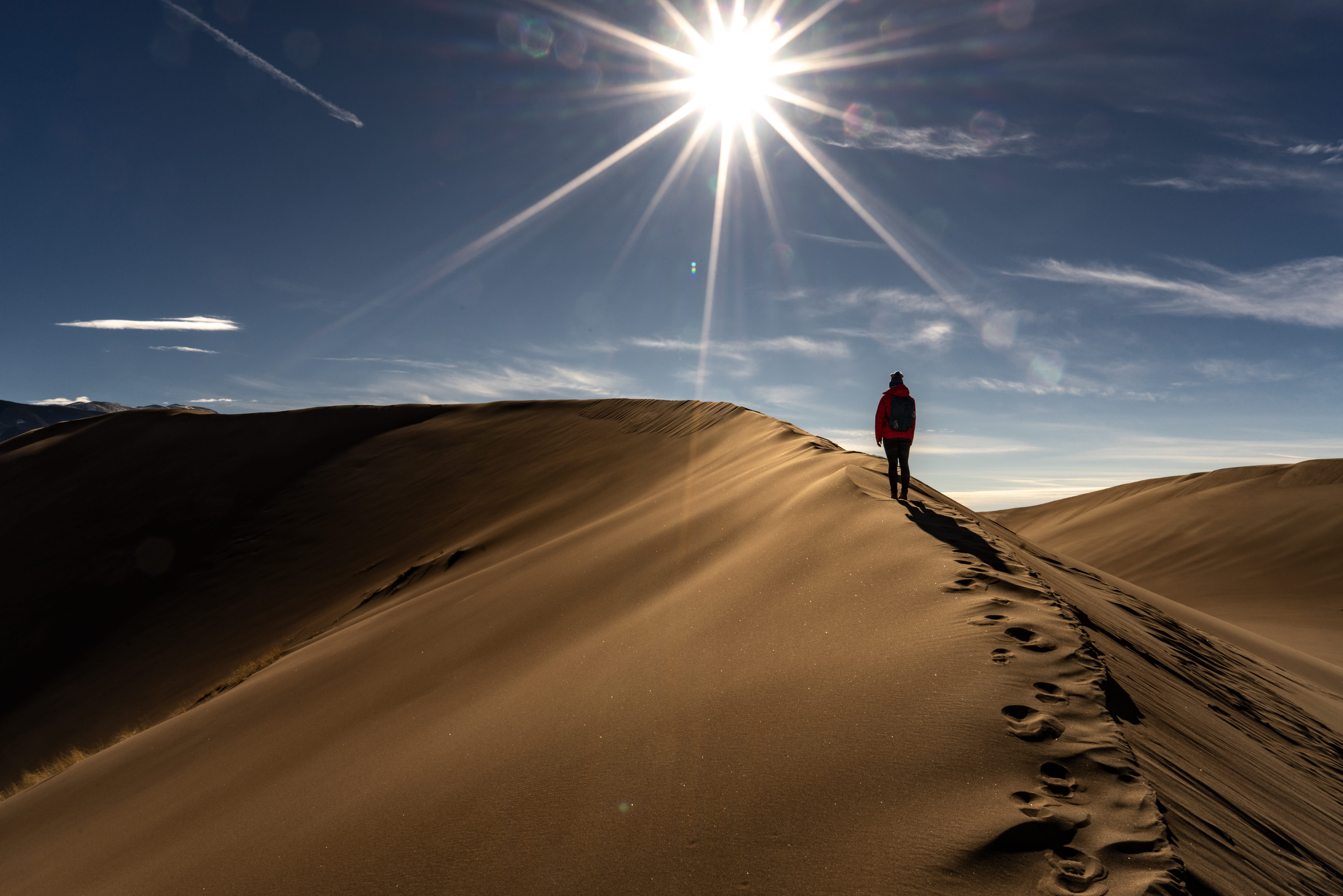 sunlight, sky, man, sunbeam, national park, leisure activity, alone, sun, great sand dunes national park, arid climate, footprint, climate, sand dune, land, HD Wallpaper