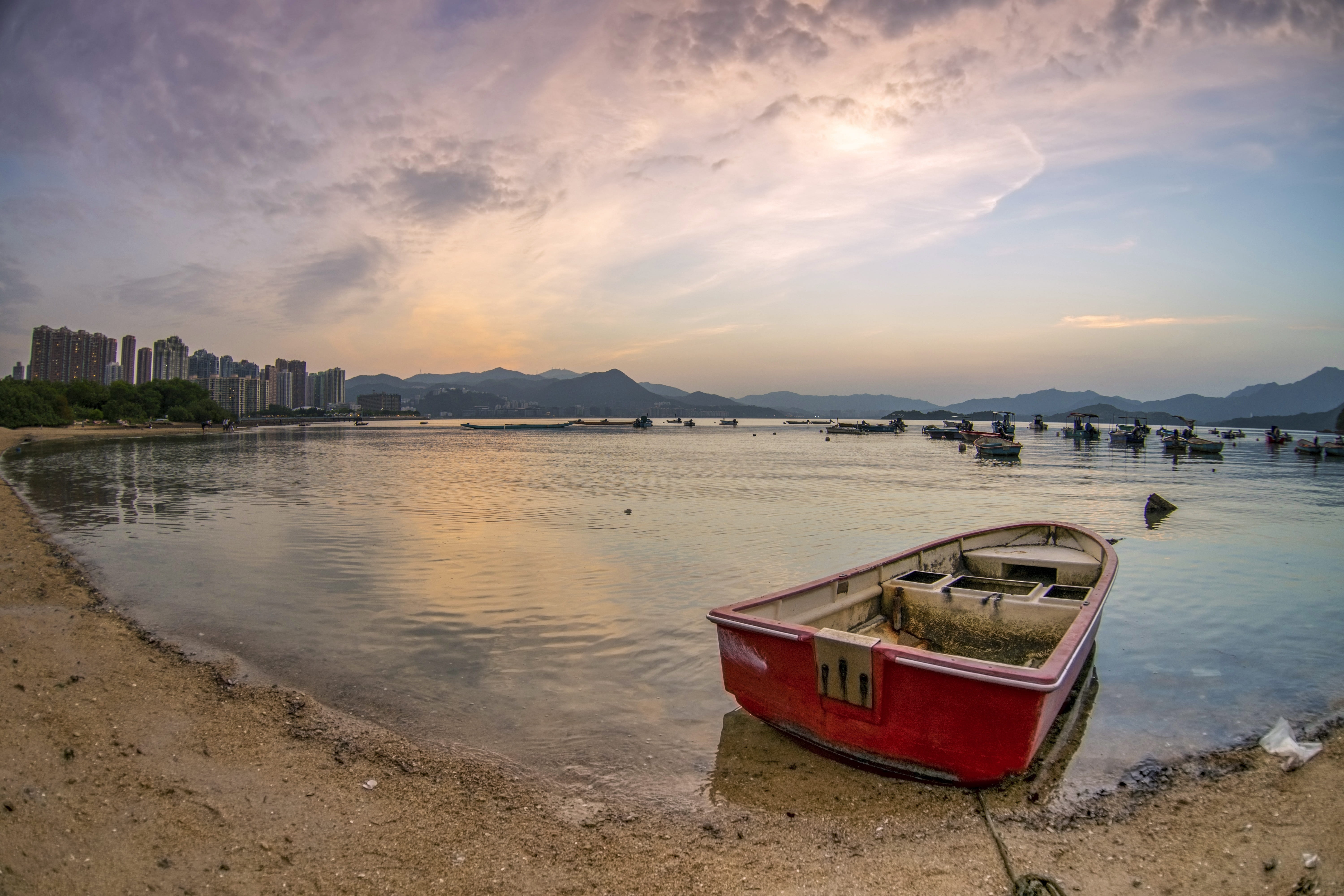 beauty in nature, the scenery, lonely, river, sky, mountain, nature, moored, outdoors, 5K, scenics - nature, rowboat, mode of transportation, architecture, HD Wallpaper