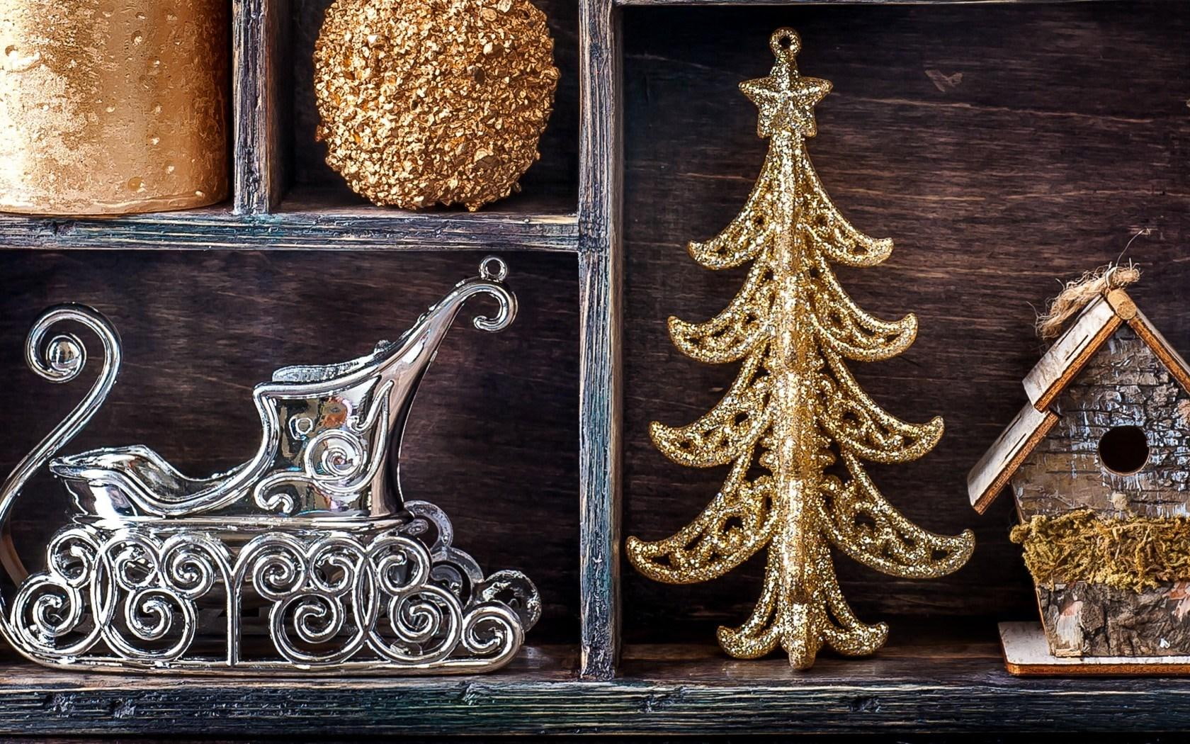 pine, tree, sleigh, miniature, year, birdhouse, 720P, christmas, glittered, new, HD Wallpaper