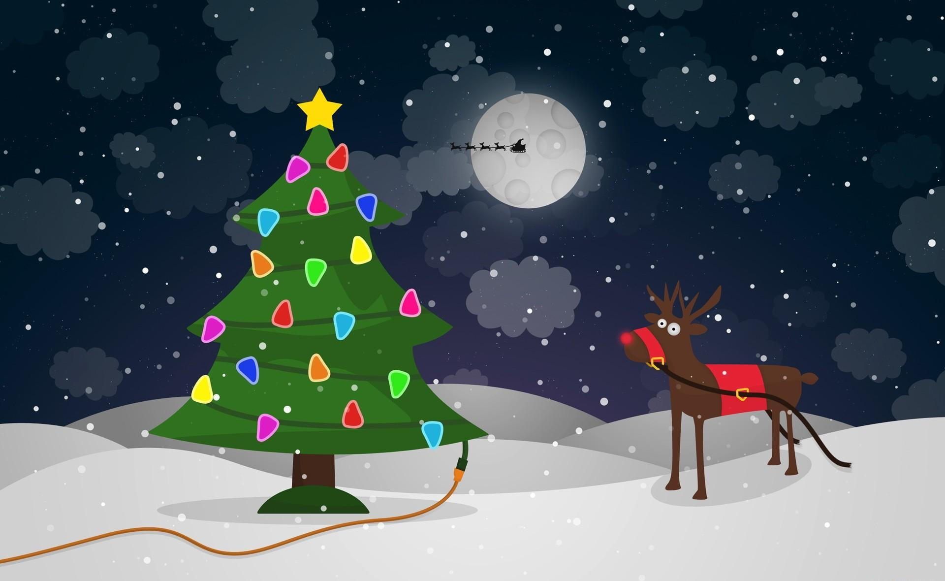 christmas, sleigh, moon, wire, reindeer, 1080P, flying, claus, tree, santa, santa claus, garlands, HD Wallpaper