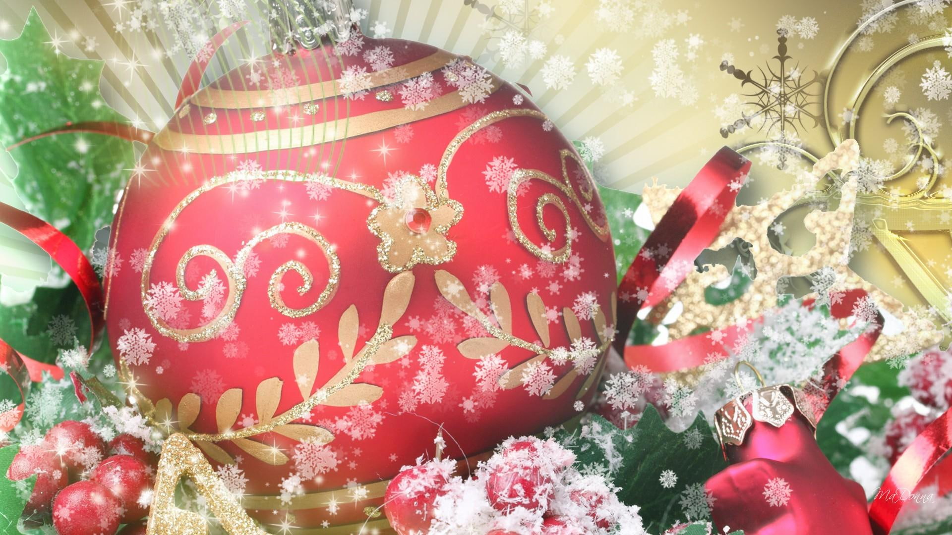 xmas, berries, bright, decorations, feliz navidad, firefox persona, 1080P, 3d and abstra, memories, christmas, gold, HD Wallpaper