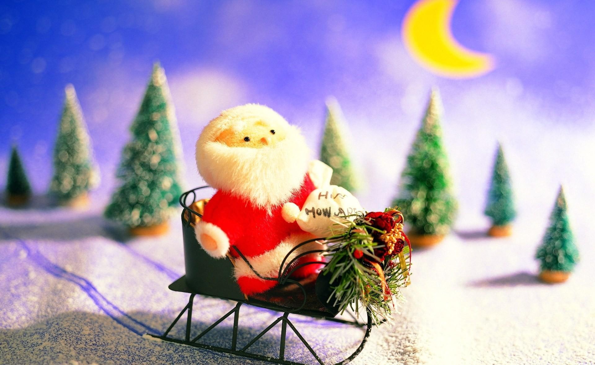 christmas trees, claus, toys, sleigh, santa claus, 1080P, trees, santa, christmas, moon, HD Wallpaper