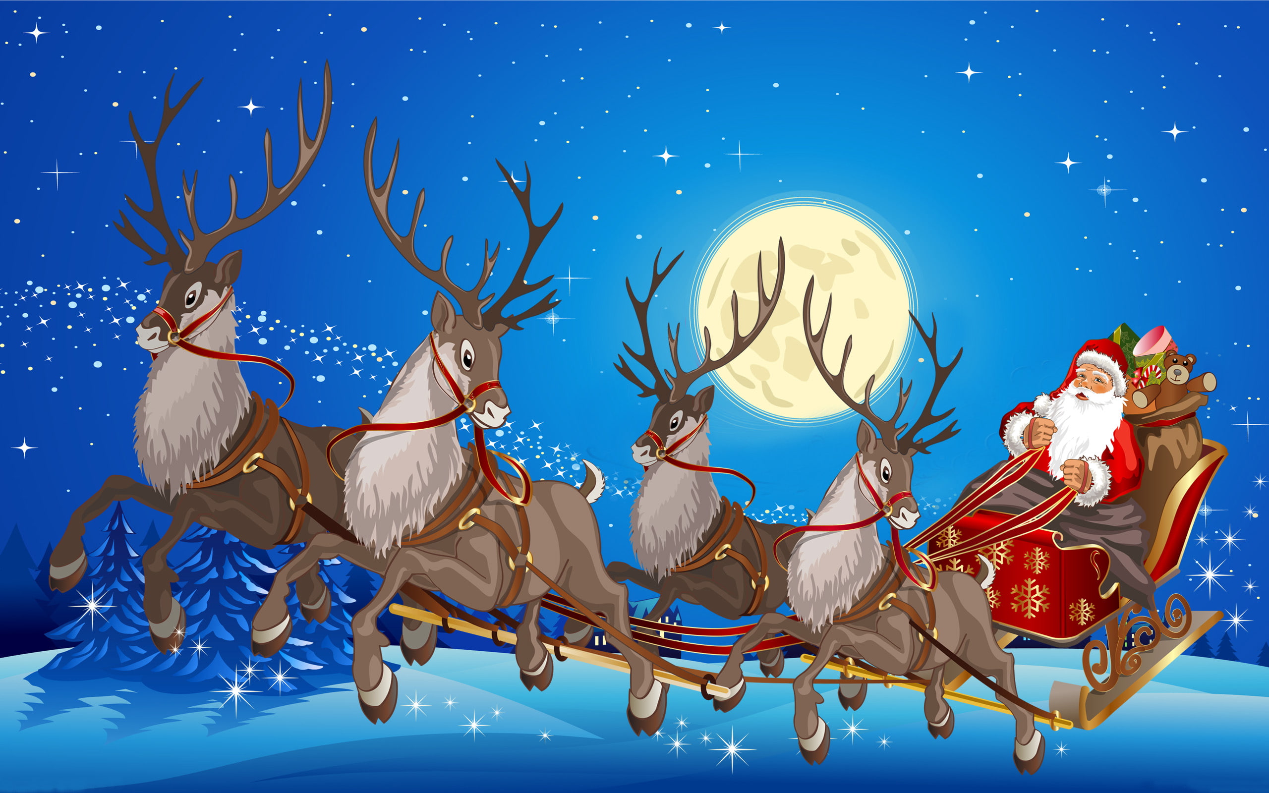 reindeer, santa, 2K, claus, hd, moon, full, gifts, desktop, sleigh, HD Wallpaper