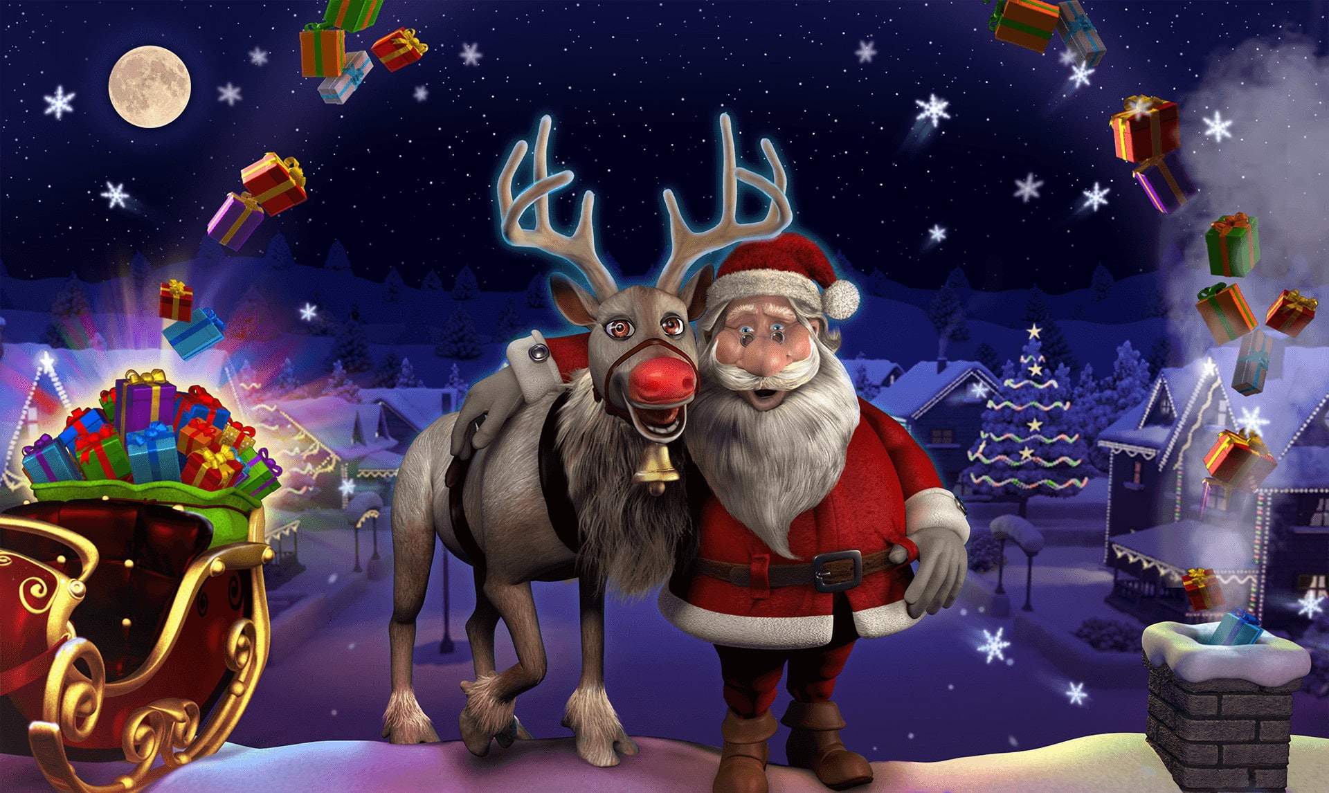 Ziv Tsadik, deer, winter, 1080P, New year, lights, Santa Claus, Merry Christmas, art, holiday, sleigh, HD Wallpaper