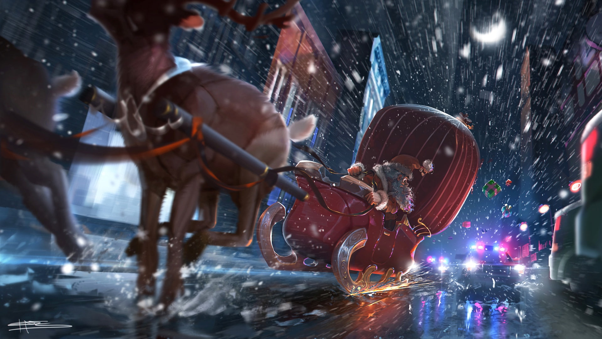 Santa, Police, Holiday, 1080P, Rain, Sleigh, Christmas, HD Wallpaper