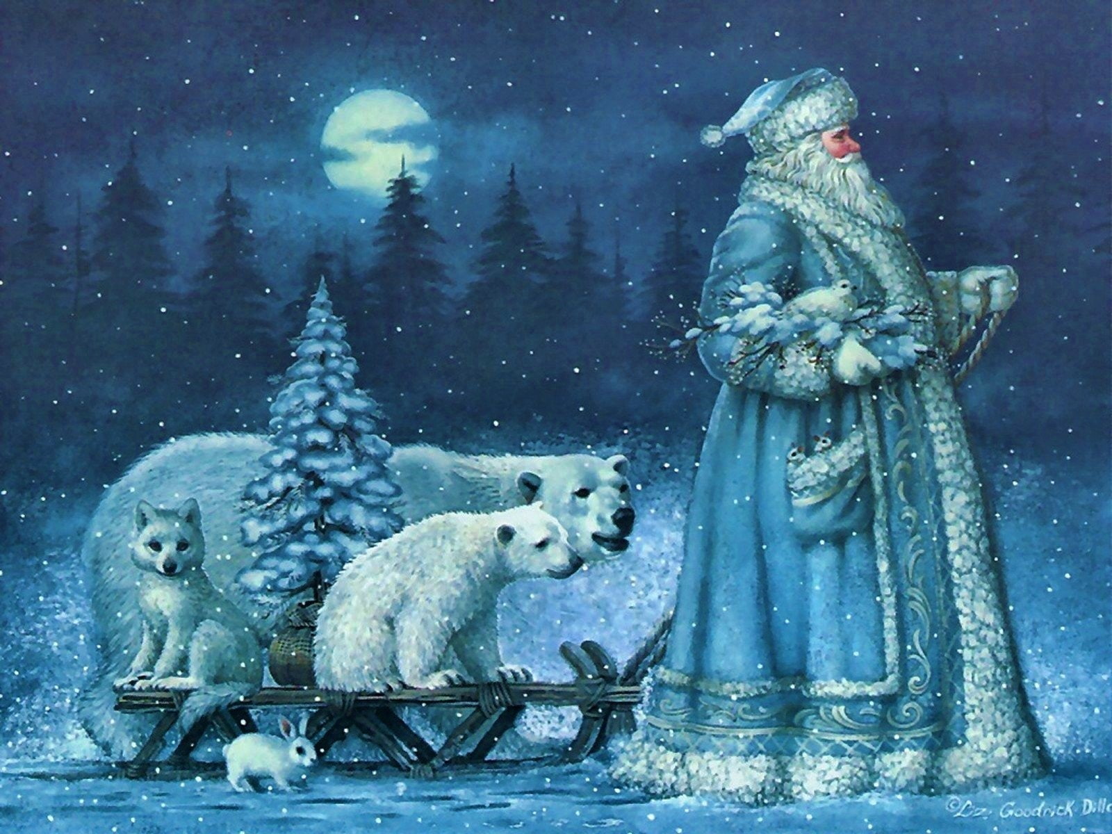 Polar Bear, Artistic, Santa, Sleigh, Painting, Animal, Snow, Tree, Blue, 720P, Moon, HD Wallpaper