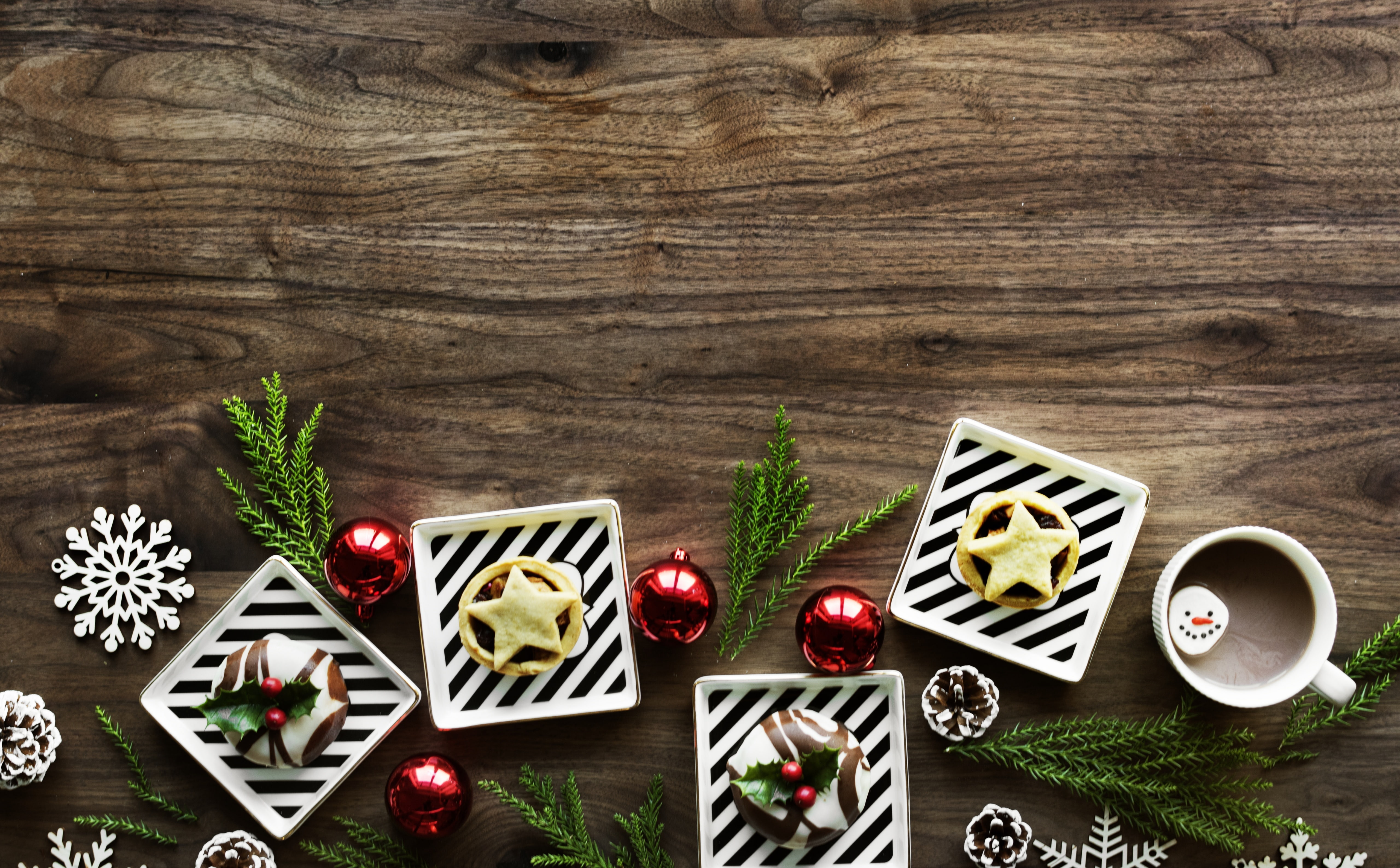 holiday, Tradition, food, christmasballs, table, high angle view, still life, celebration, indoors, background, beverage, ready-to-eat, baubles, wood - material, HD Wallpaper
