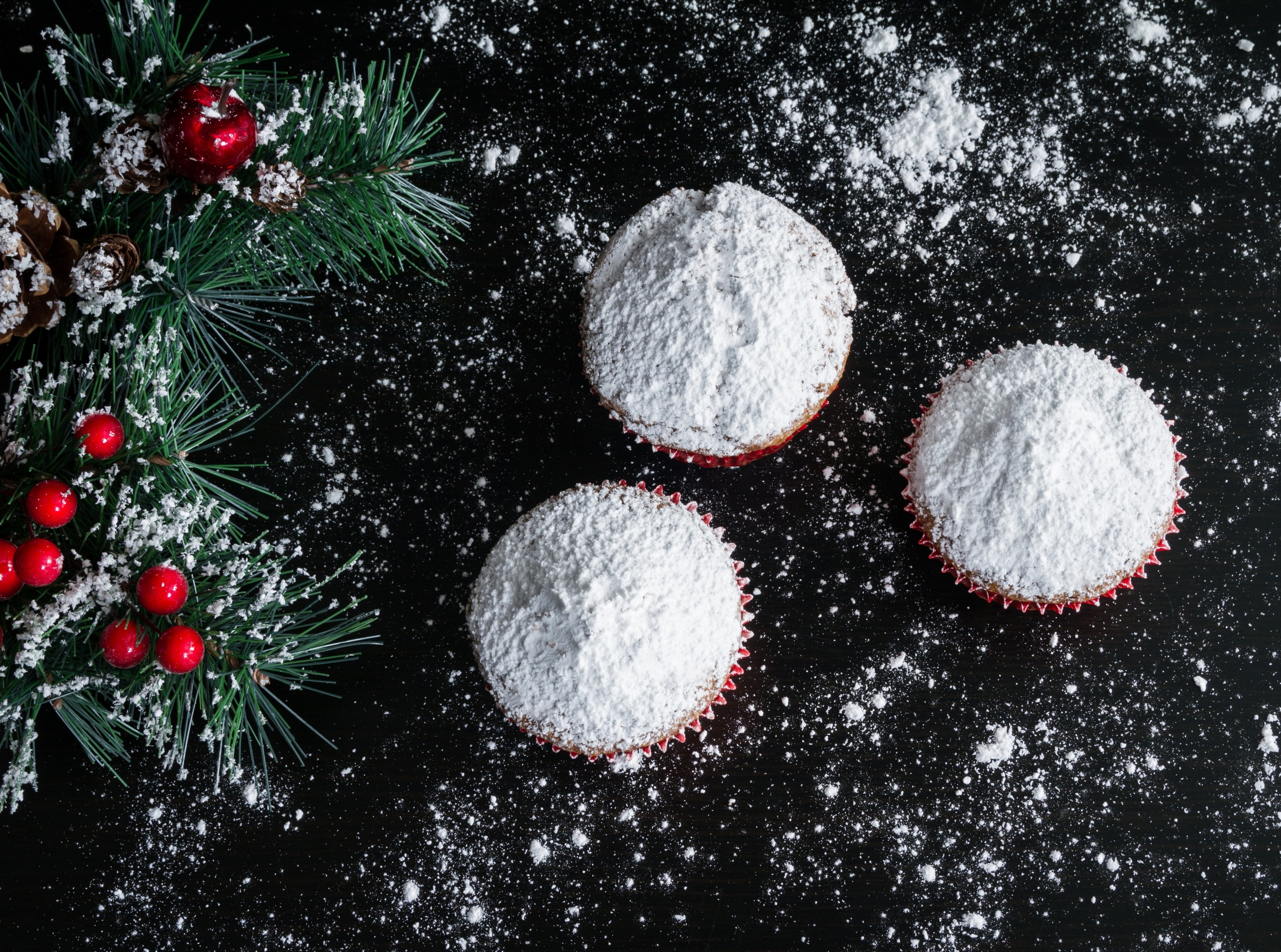 dessert, Holidays, Seasonal, Sugar, Christmas, Winter, Traditional, Table, black background, cookies, still life, powdered, christmas ornament, 2017, directly above, HD Wallpaper
