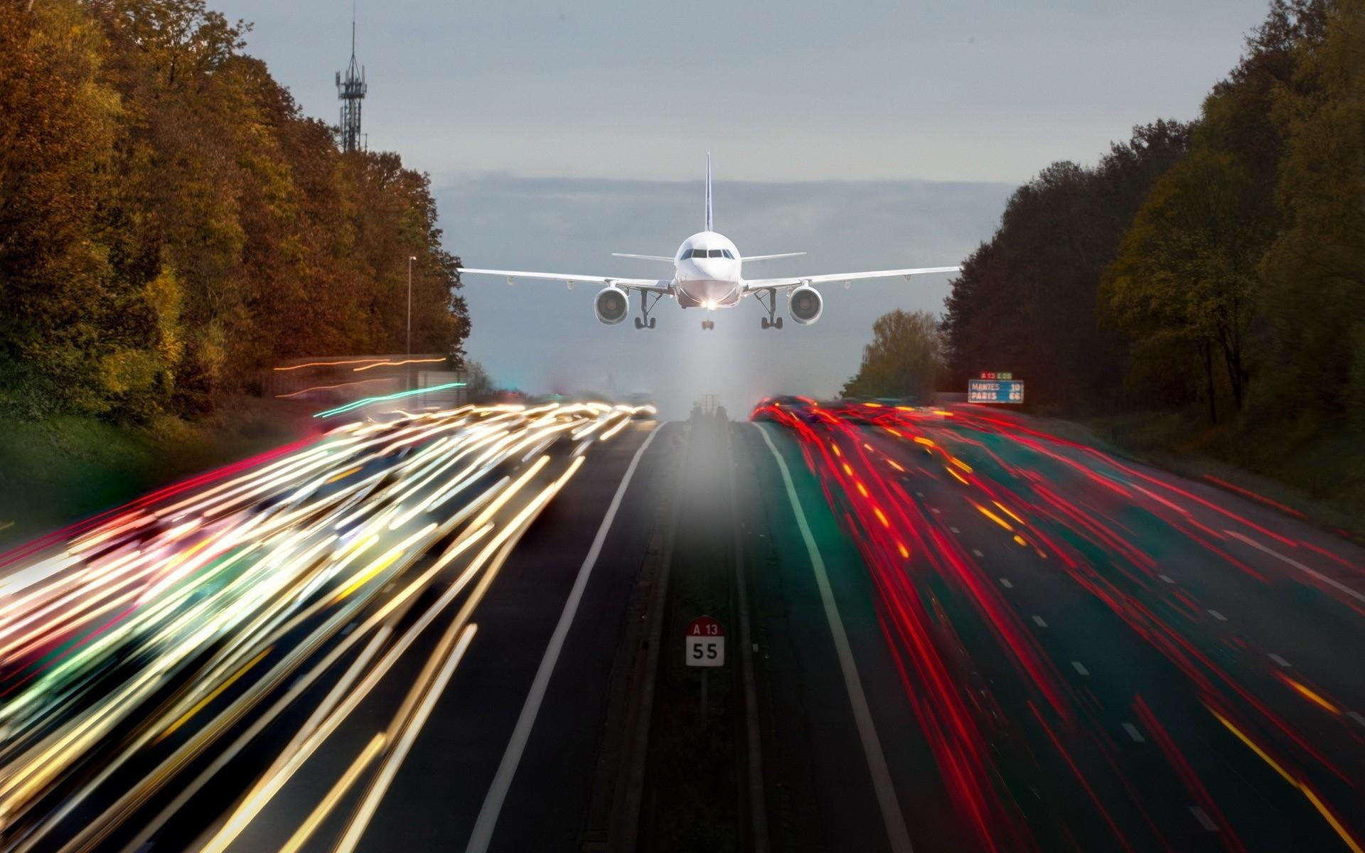 ling, 1080P, long exposure, lights, plane, highway, photomanipulation, 3d and abstract, HD Wallpaper
