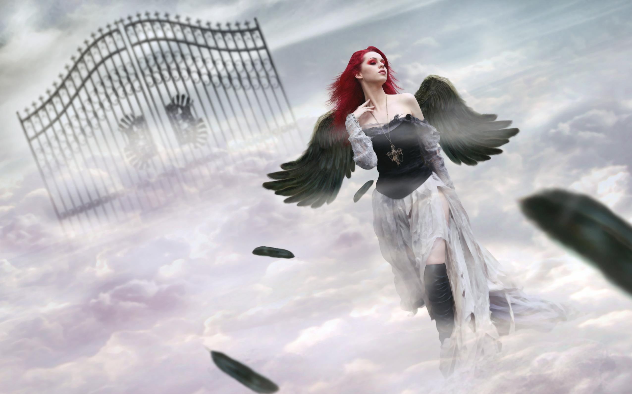 lovely, digital art, girls, people, dress, 1080P, illustration, models, three, out of gates, gates, photomanipulation, angel, wings, black, beautiful, HD Wallpaper