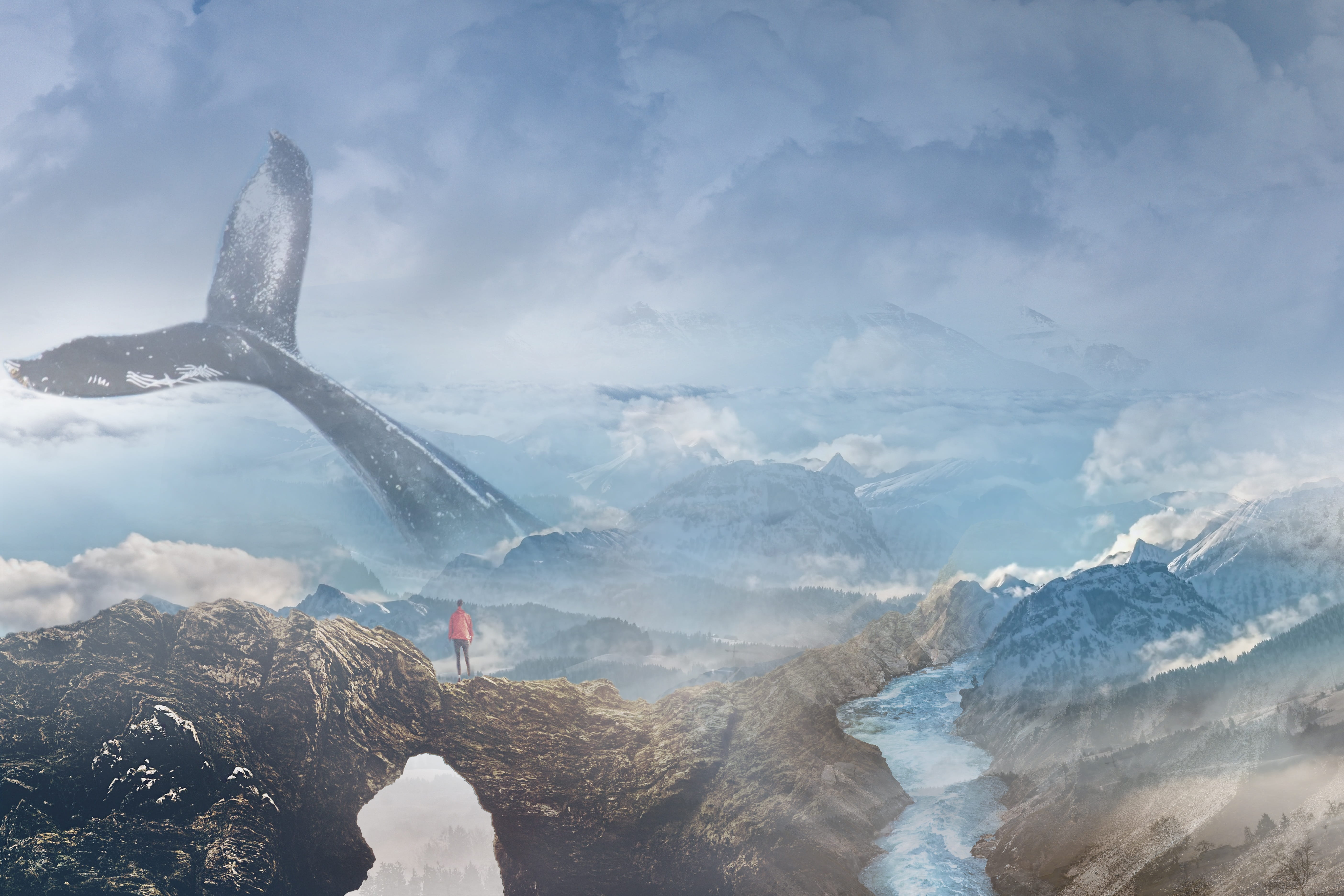 water, top, manipulation, sky, whale, mountain range, fantasy, real people, outdoors, jump, snow, ocean, standing, mountain, scenics - nature, flying, cloud, HD Wallpaper
