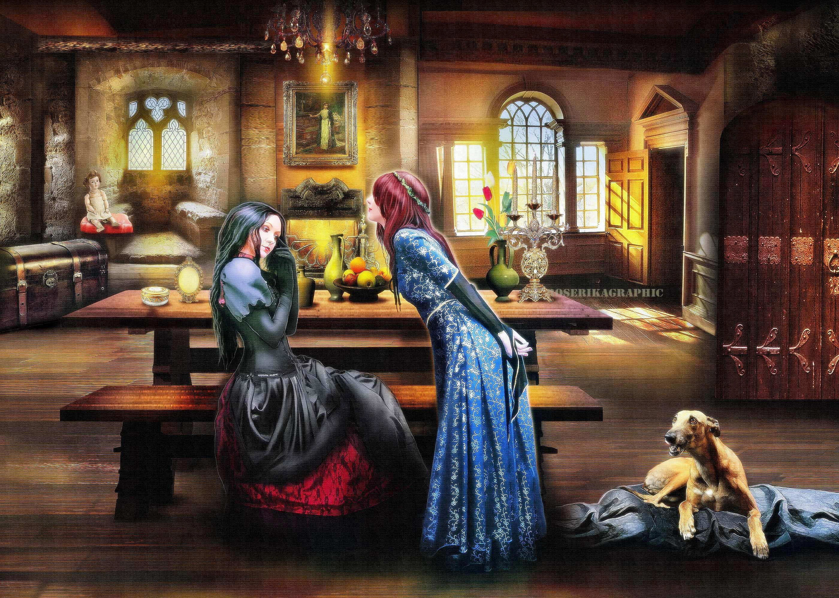 meeting-medieval, beautiful-girls, models, digital-art, reunion, hair, medievale, colors, creative-pre--made, 2K, softness-beauty, HD Wallpaper