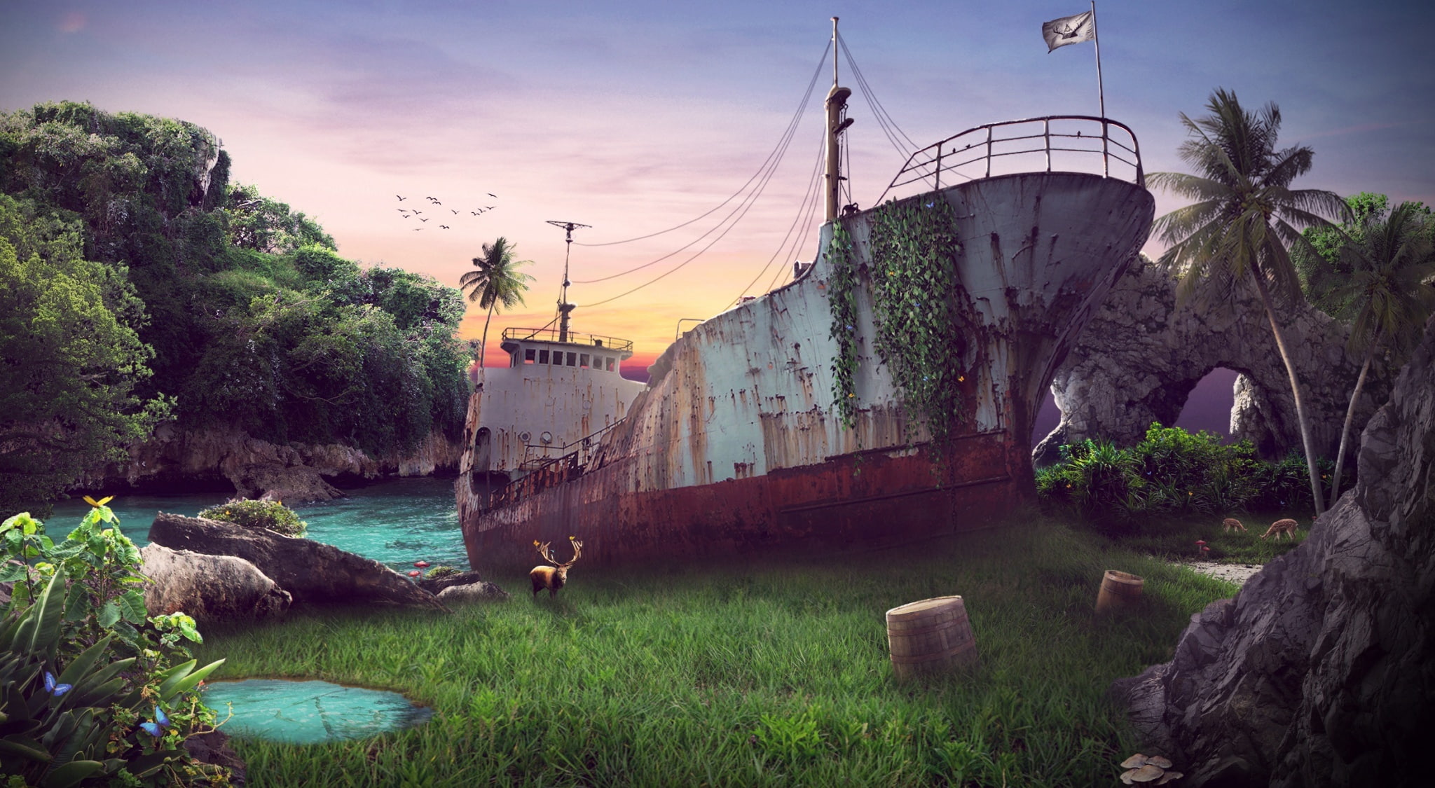 ship, river, illustration, tree, paradise, plant, cloud - sky, sunset, Creative, nautical vessel, dead, Aero, wildlife, transportation, day, Nature, architecture, HD Wallpaper
