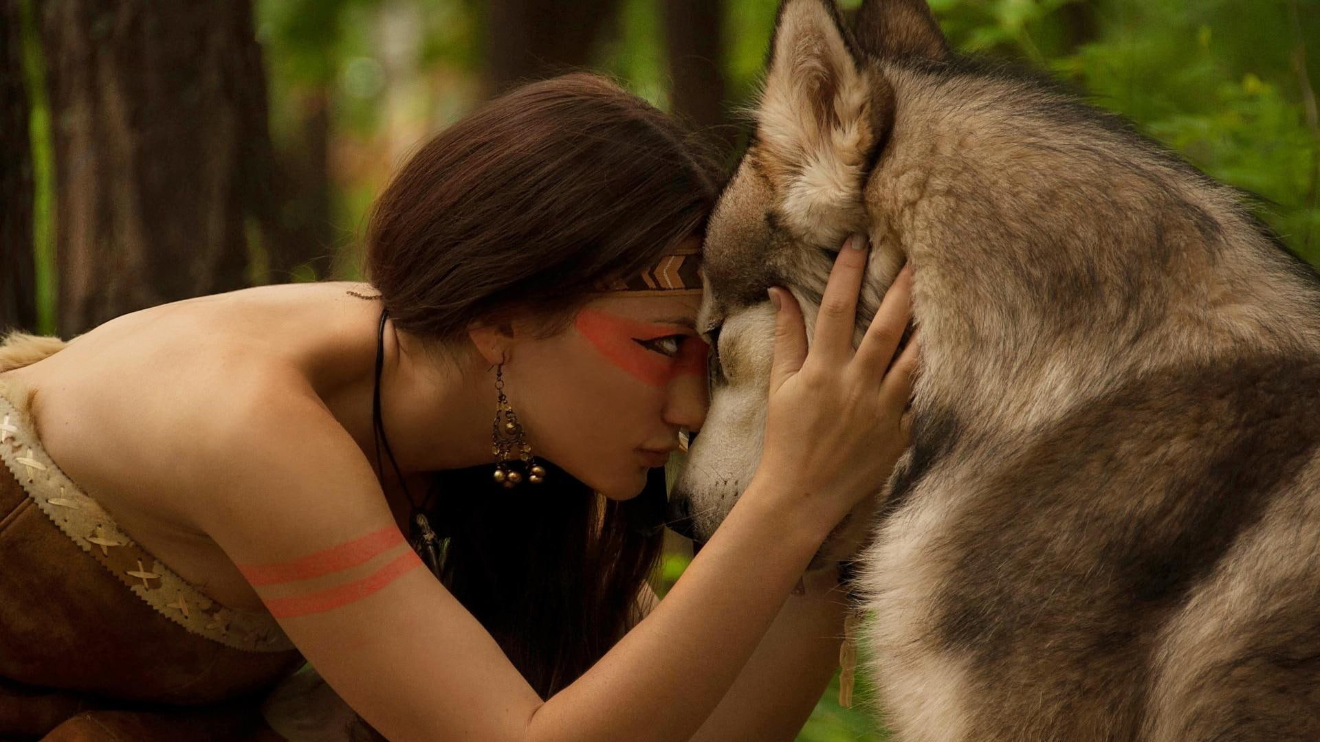 sweet love, wolf, sweet, dog face, 1080P, white, brown, love, beautiful, beauty, haired, hand, woman, lady, lovely, animals, female, pretty, HD Wallpaper