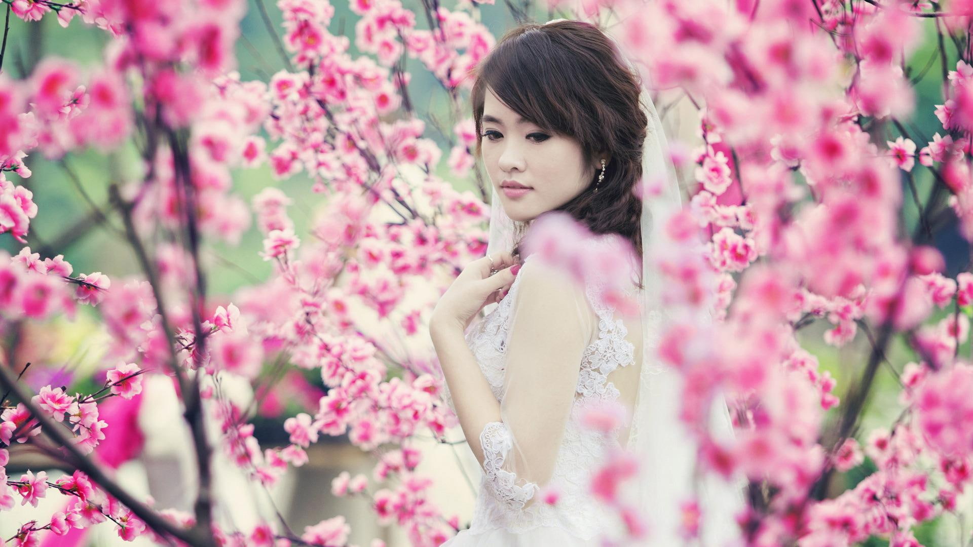 women, 1920x1080, girls, 1080P, pink, s, dress, outfit, sleeve, woman, laced, blossom, blossoms, girl, white, HD Wallpaper