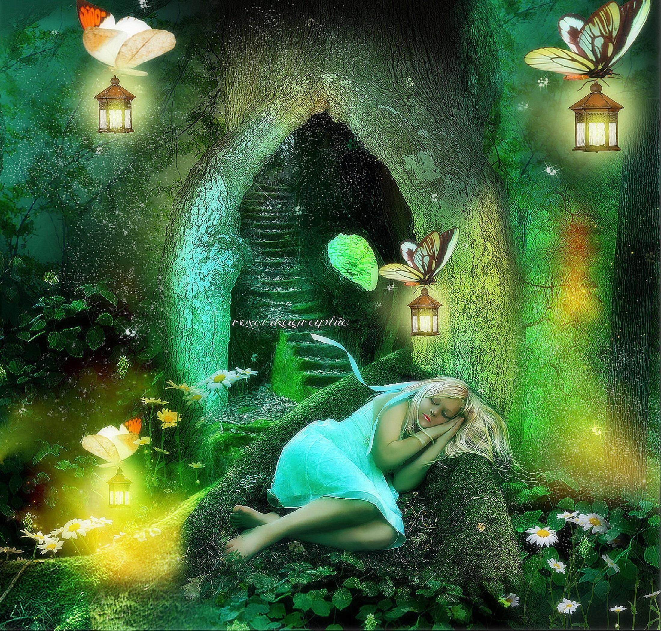 sommeilaupieddelarbre, 1080P, photomanipulation, sleeping, backgrounds, weird-, softness-beauty, foliage, lanterns, HD Wallpaper