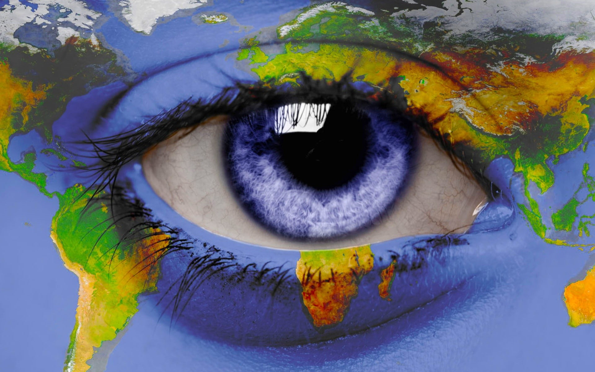 artwork, maps, blue, 1080P, eyes, photomanipulations, earth, world, HD Wallpaper