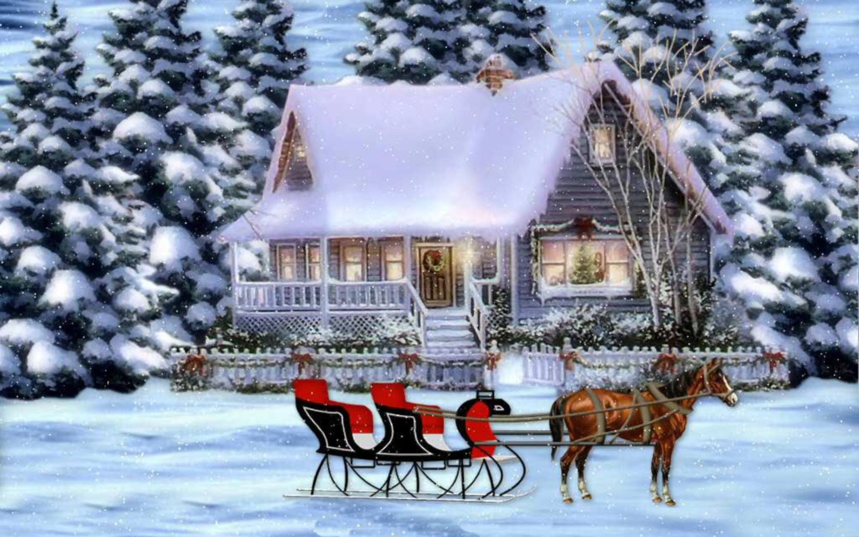 House, Tree, Reindeer, 720P, Winter, Snow, Holiday, Christmas, Sleigh, HD Wallpaper