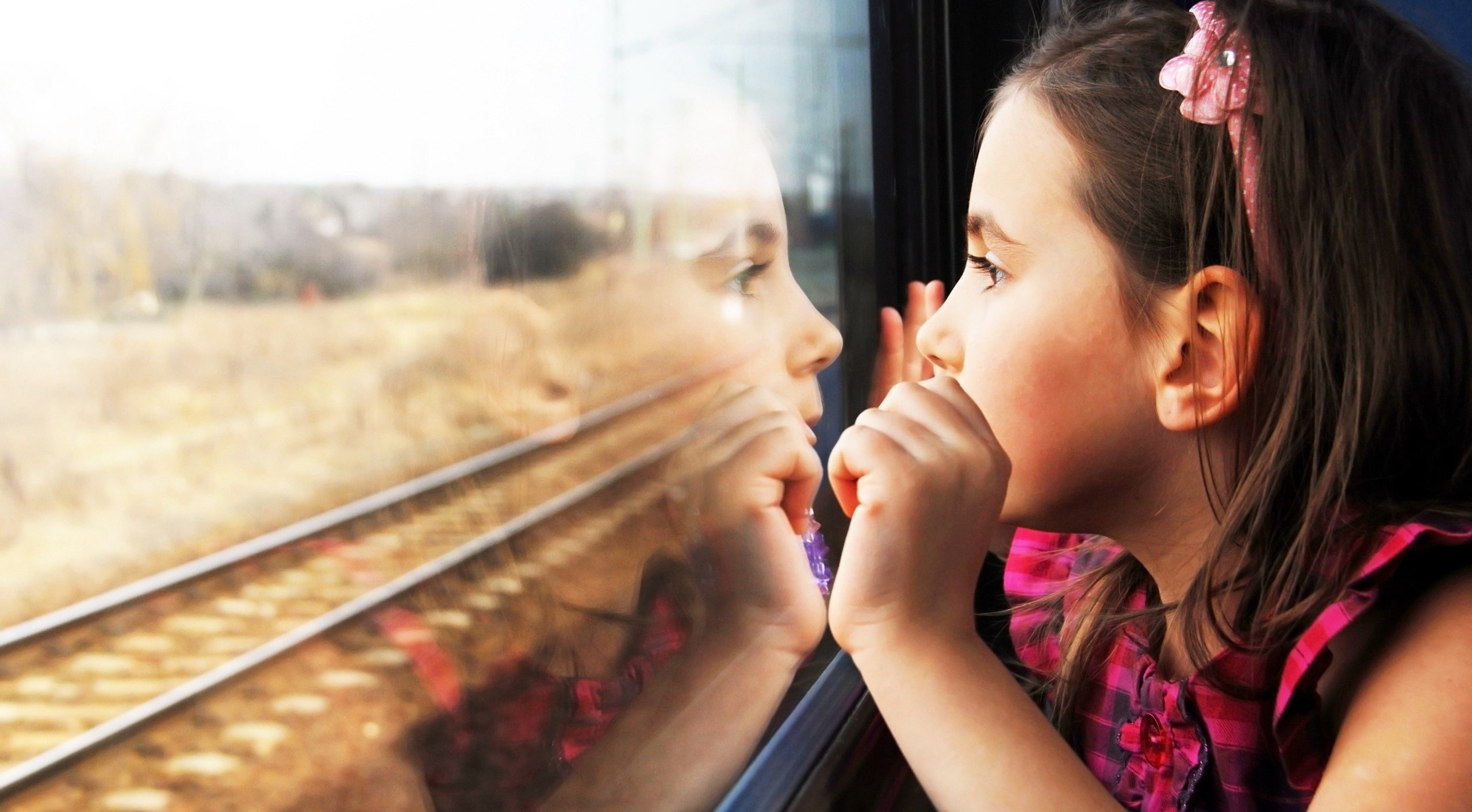 casual clothing, public transportation, child, one person, pink, looking through window, railroad track, Miss, transportation, hairstyle, looking, 2K, HD Wallpaper