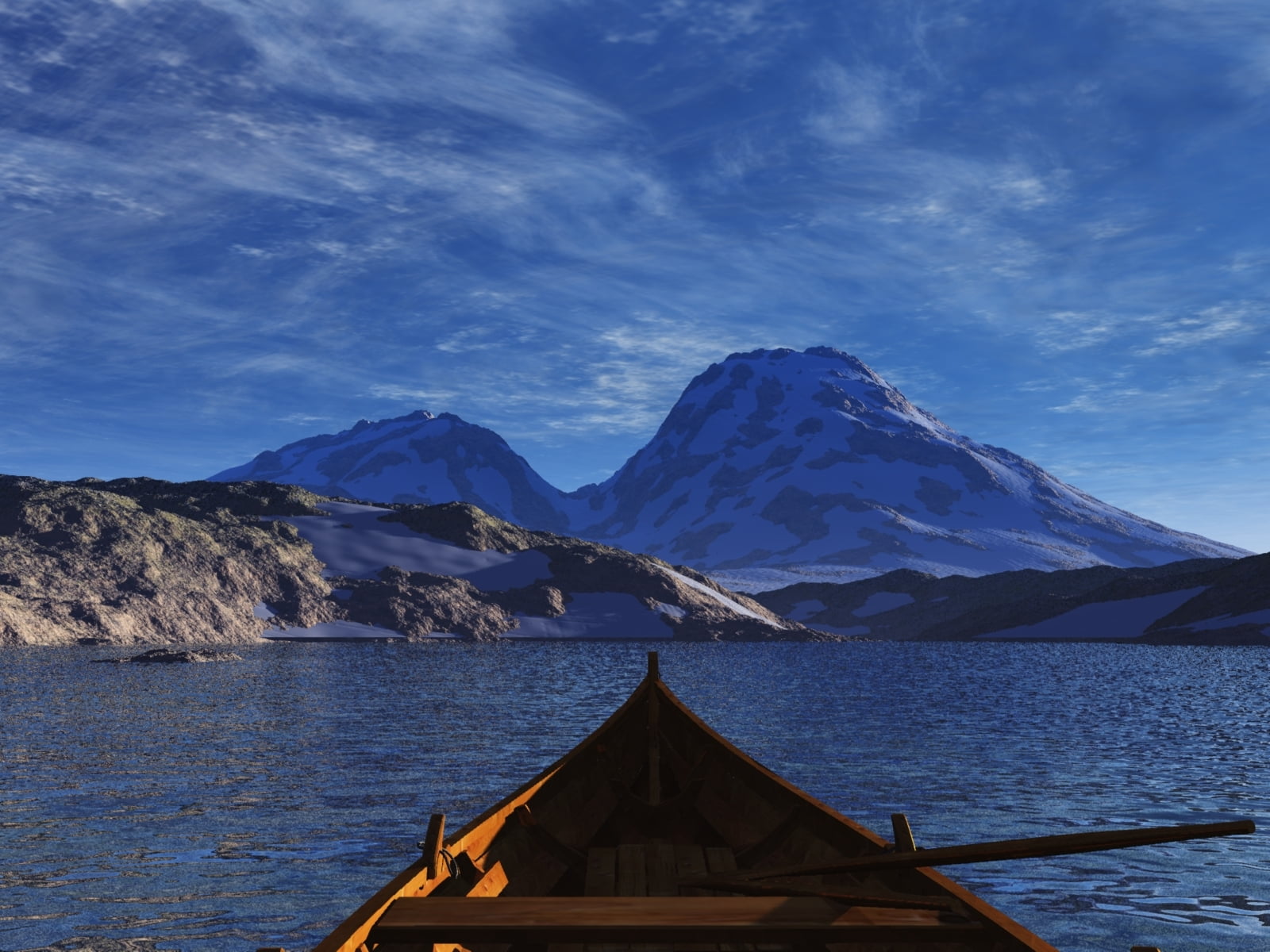 lake, virtual, water, 3d, Quote, snow, landscape, sky, mountain, body of water, outdoors, covered, boat, 720P, body, the other side, Row, render, near, HD Wallpaper