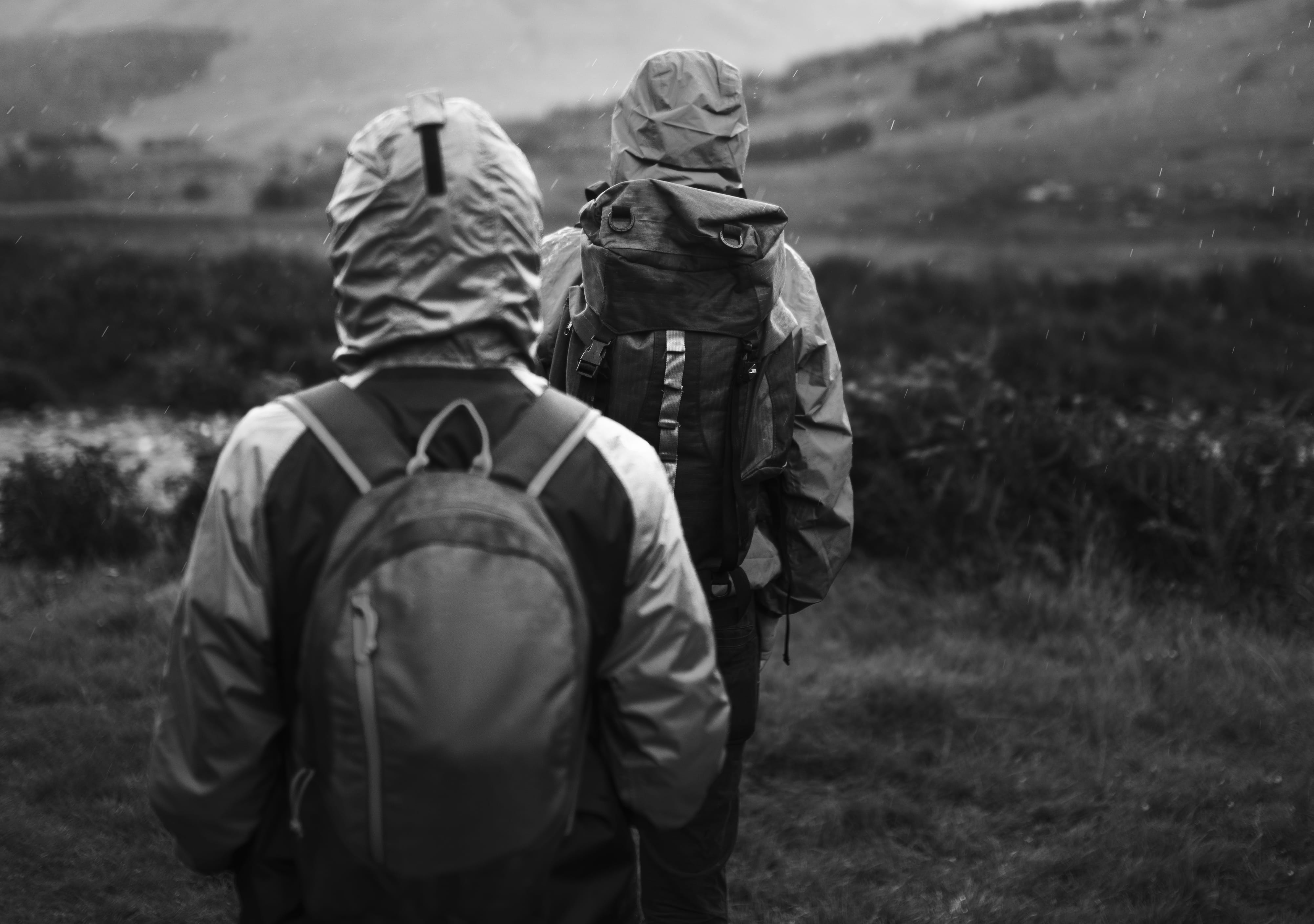 windbreake, trail, clothing, trekking, backpack, walk, path, land, outdoors, raining, two people, males, rainy, real people, walking, warm clothing, hood - clothing, HD Wallpaper