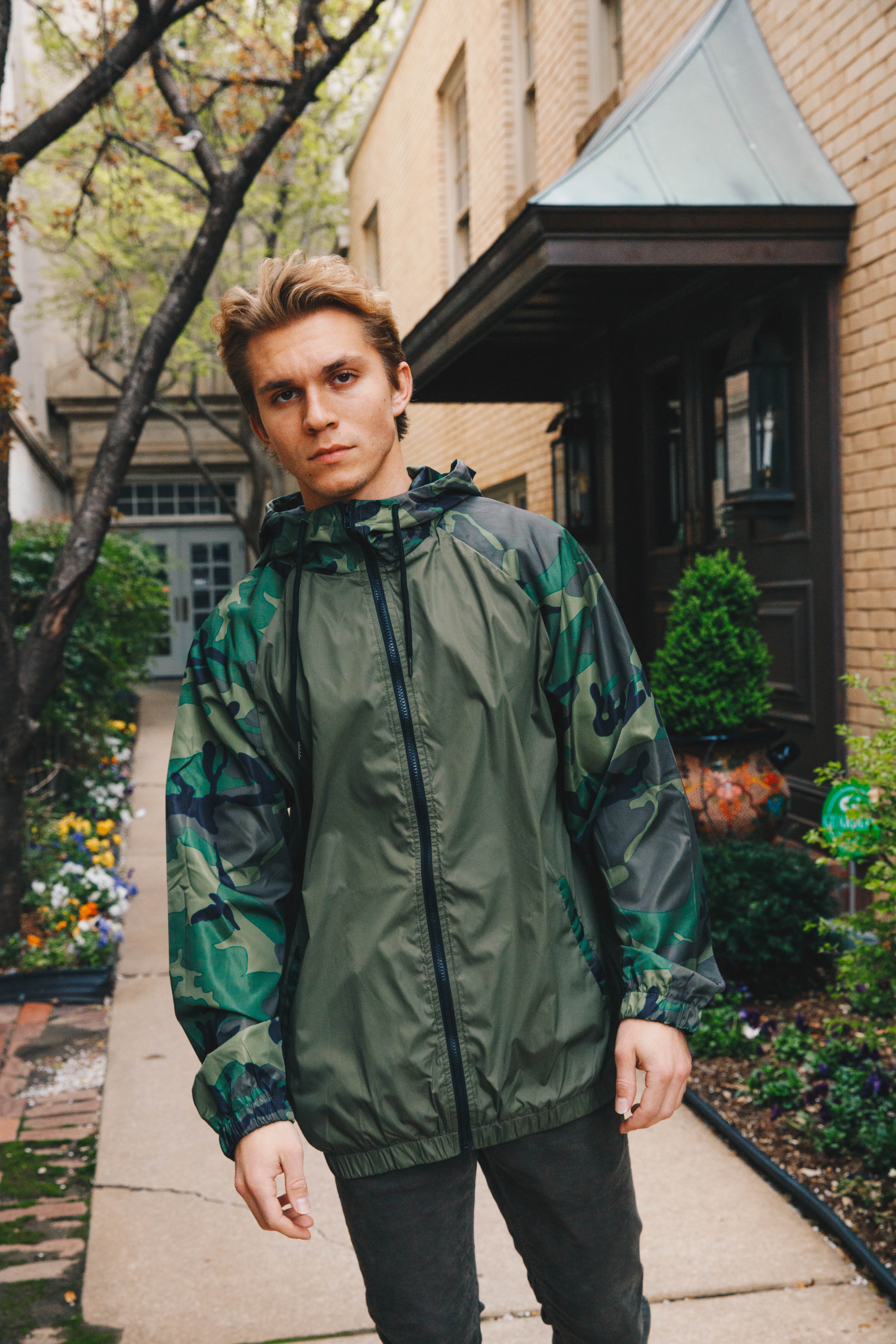 architecture, plant, three quarter length, door, camouflage, looking at camera, windbreaker, day, green, clothing, portrait, green color, young adult, lifestyles, Phone HD Wallpaper