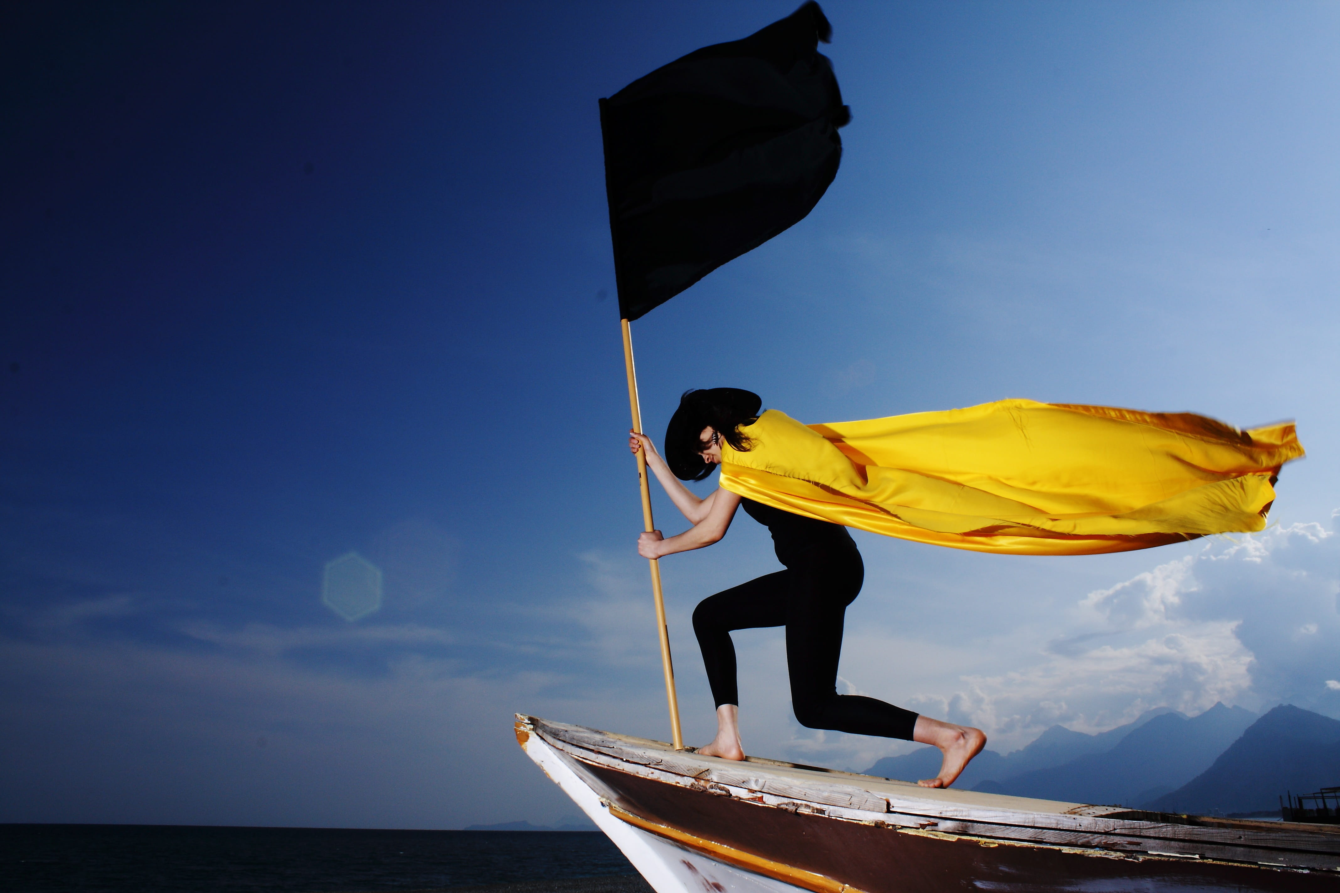 nautical vessel, yellow, art, men, black, woman, society, perseverance, fashion, model, transportation, sky, horizon over water, pirate, 4K, young, water, HD Wallpaper