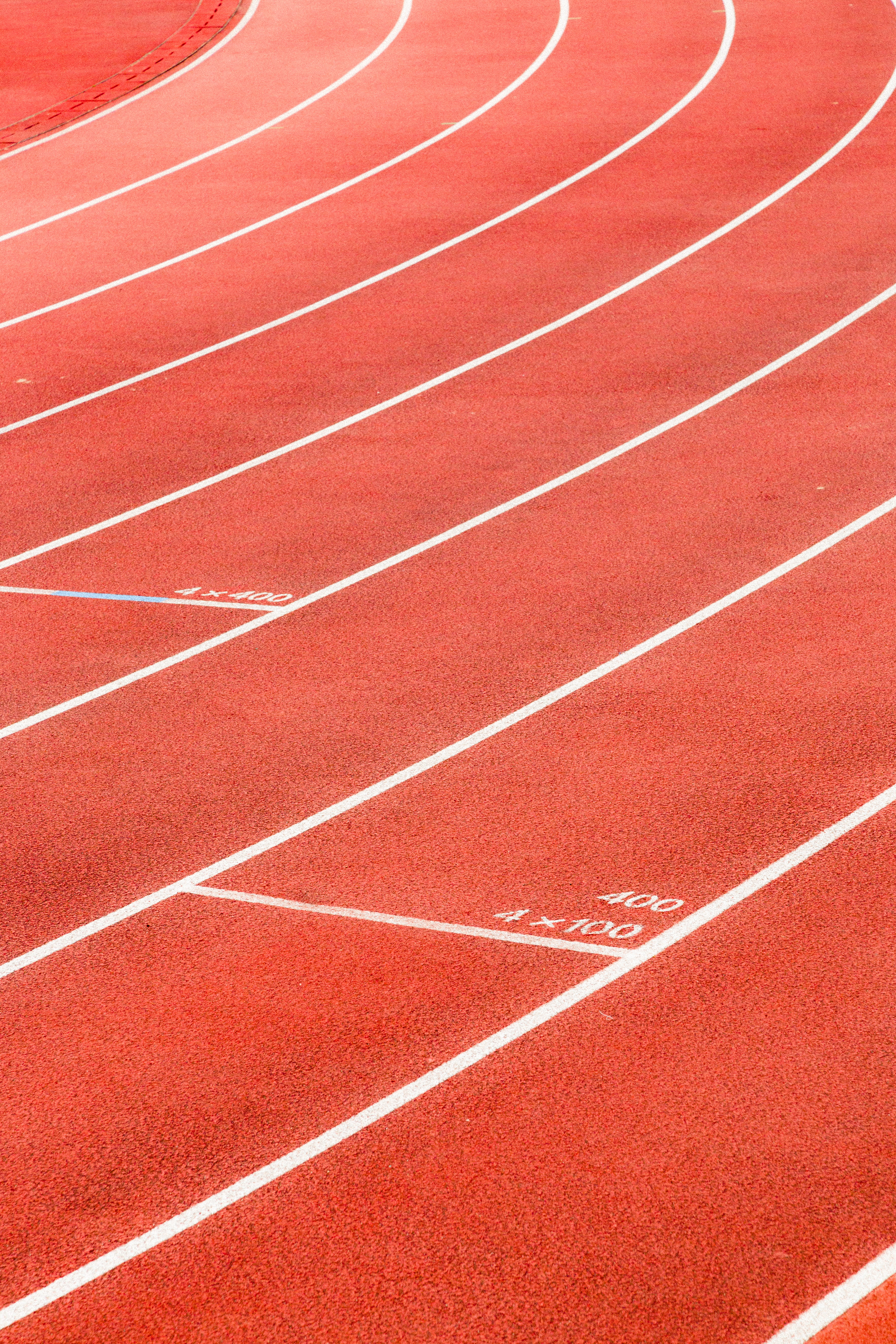 sports track, in a row, red, stadium, grass, backgrounds, pattern, day, curve, running track, no people, outdoors, track and field, competitive sport, sports race, Phone HD Wallpaper