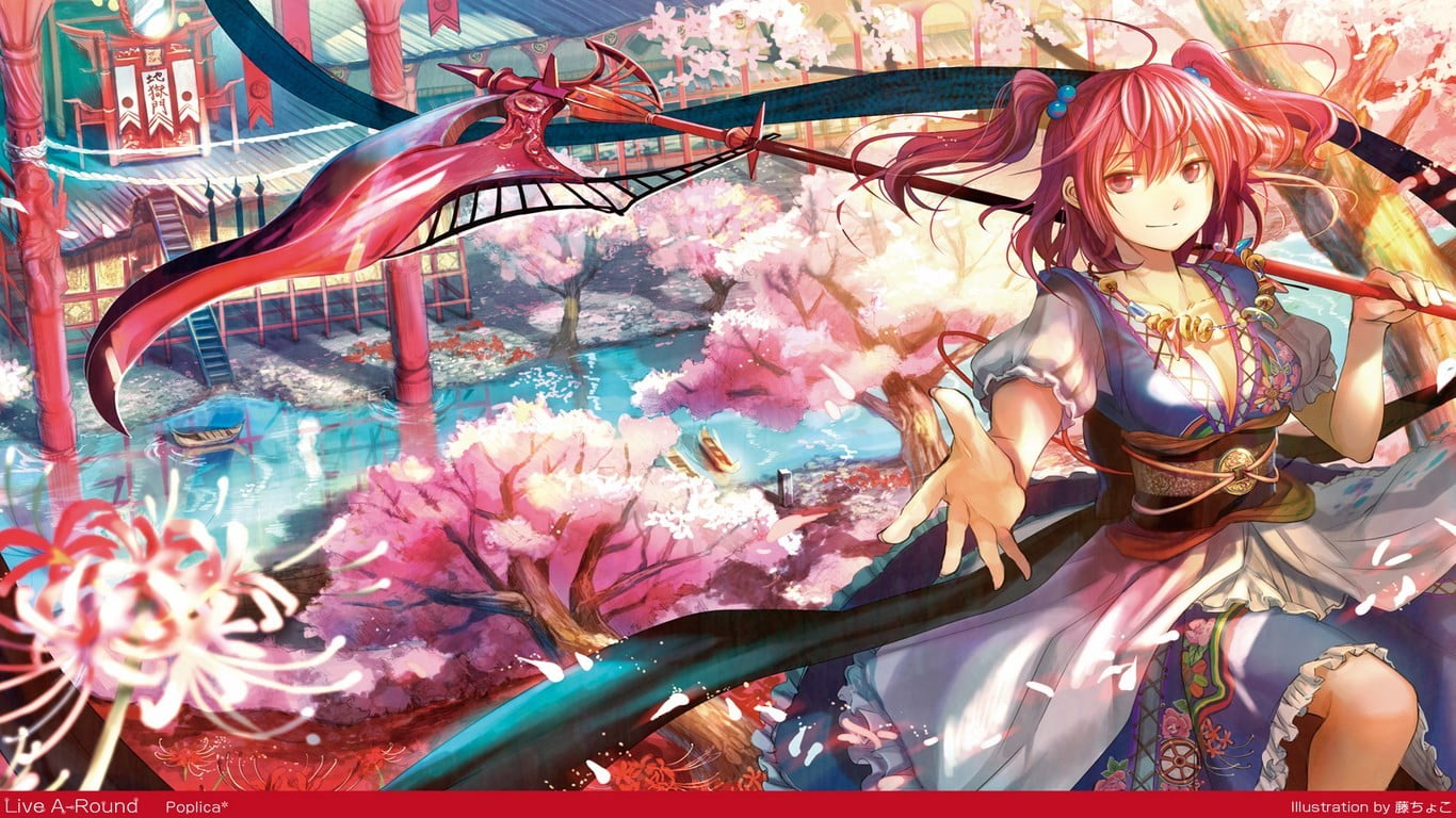 mural, architecture, Onozuka Komachi, built structure, 720P, cherry blossom, character, Touhou, creativity, human representation, no people, art and craft, HD Wallpaper