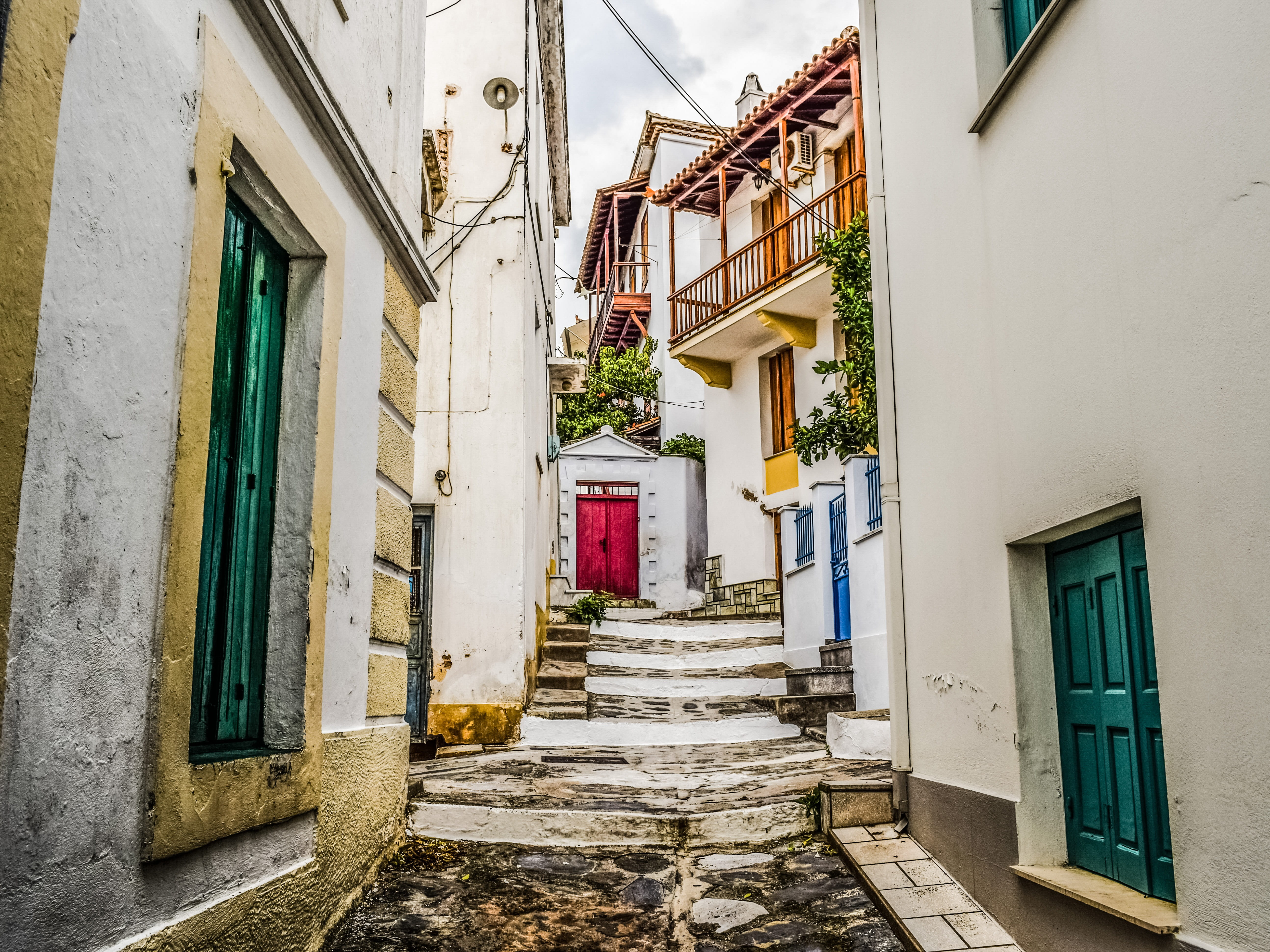 wall - building feature, skopelos, narrow, alley, entrance, the way forward, 5K, stairs, traditional, footpath, city, window, direction, street, sporades, HD Wallpaper