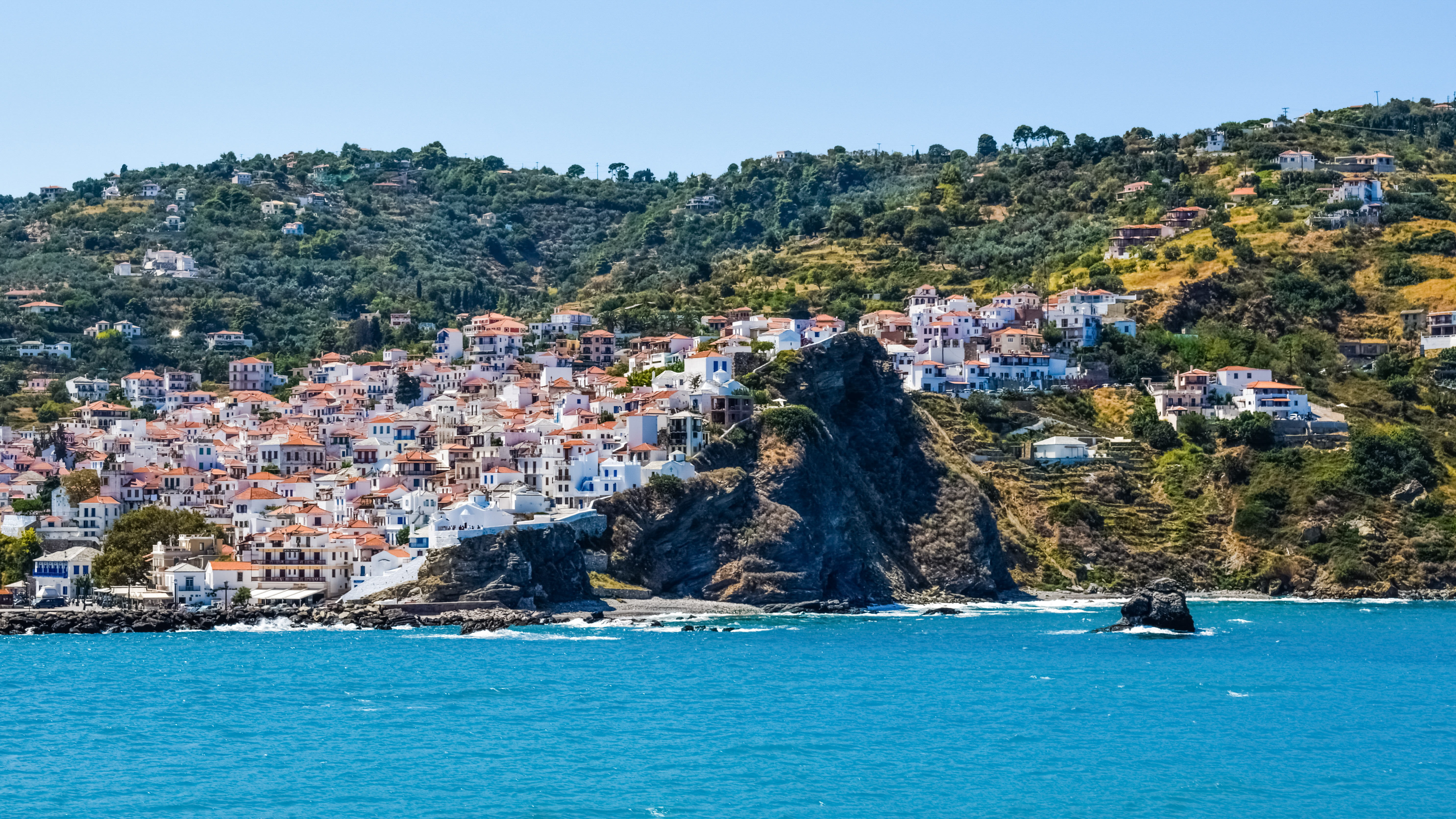 cityscape, building exterior, sky, scenics - nature, mediterranean, travel destinations, sporades, nature, 5K, day, island, chora, skopelos, outdoors, HD Wallpaper