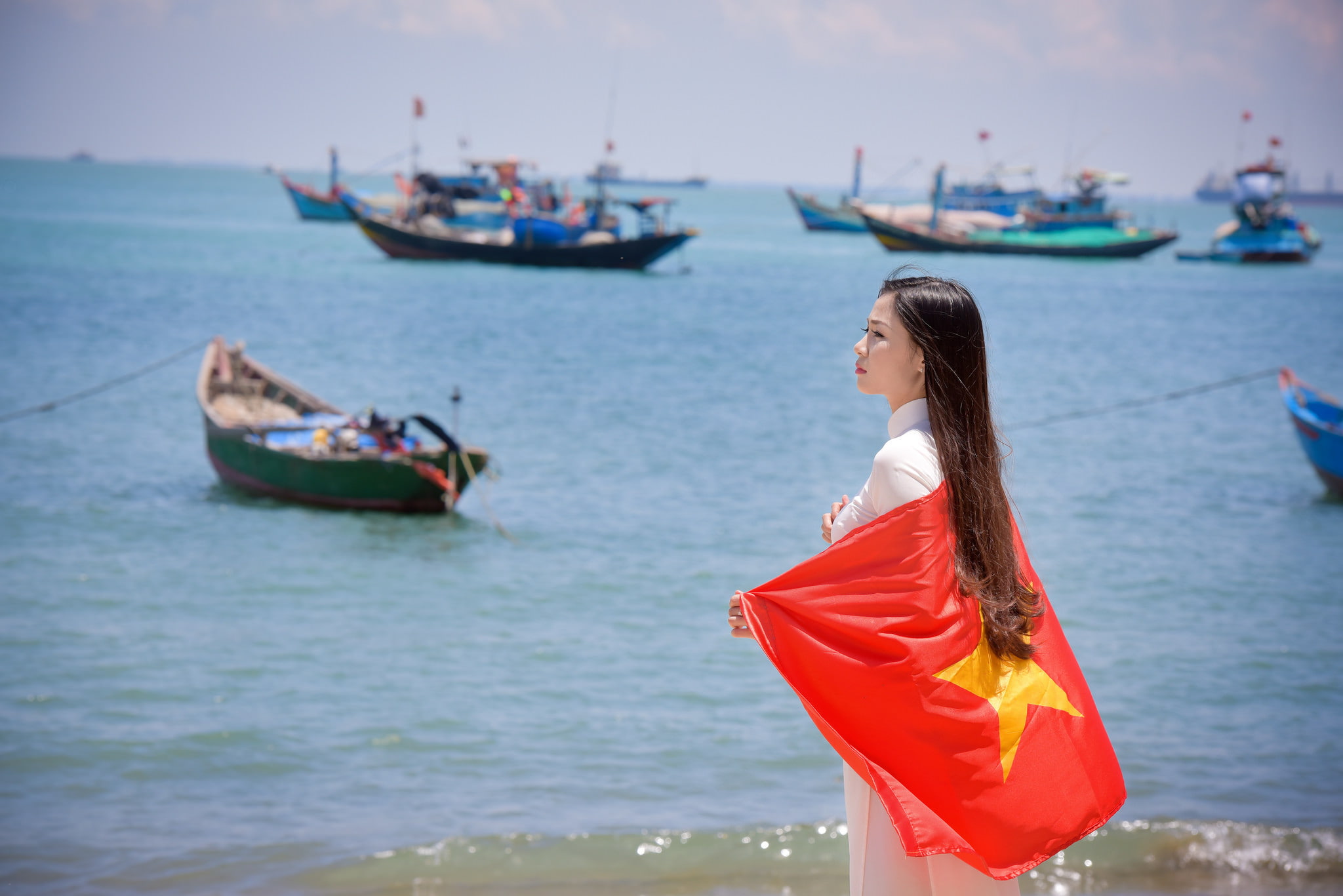 face, 1080P, Vietnam, sea, flag, summer, girl, dress, HD Wallpaper