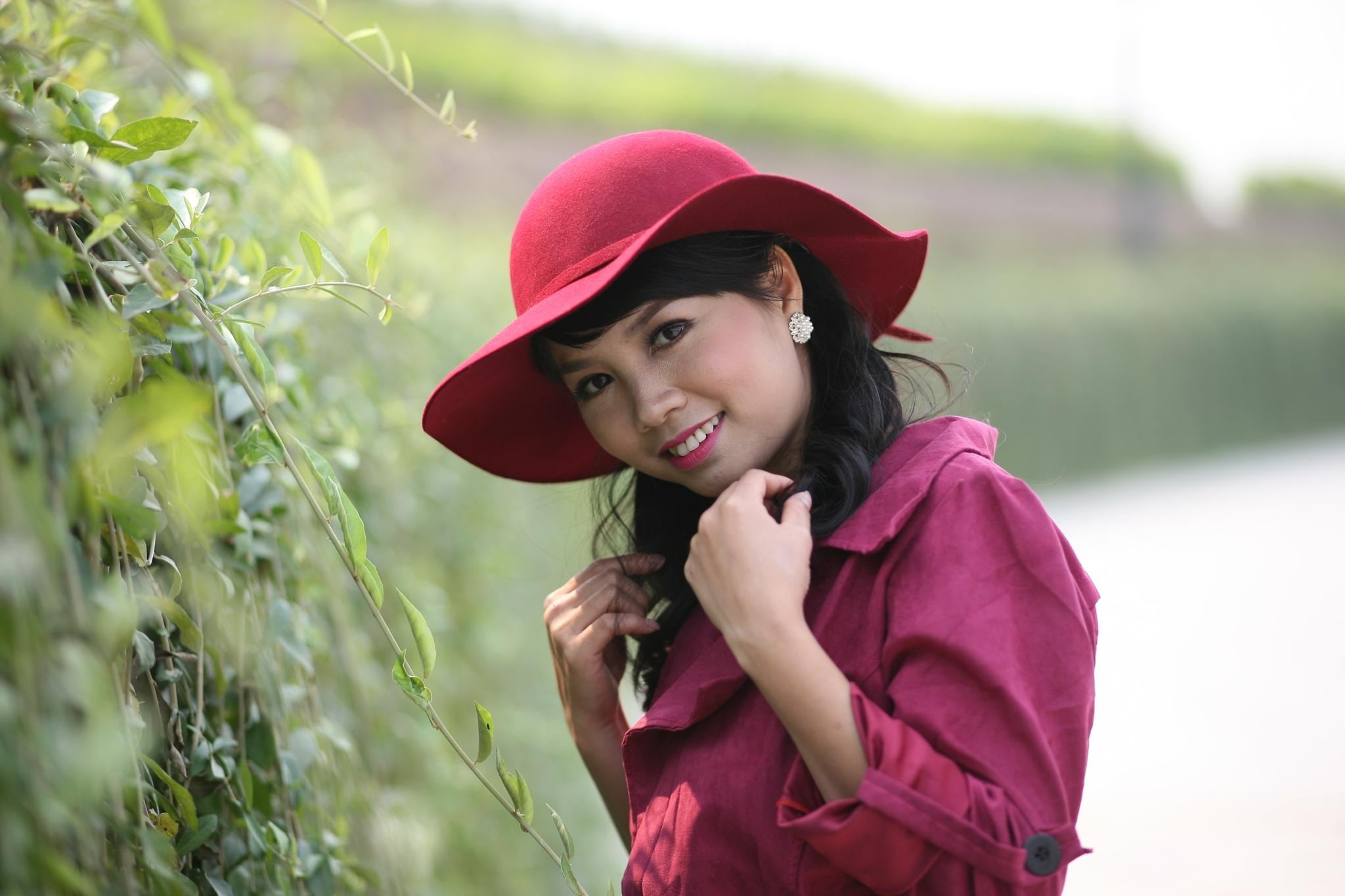 hairstyle, red skirt, waist up, clothing, nature, one person, portrait, women, woman, plant, young, smiling, vietnam, childhood, standing, innocence, costume, HD Wallpaper
