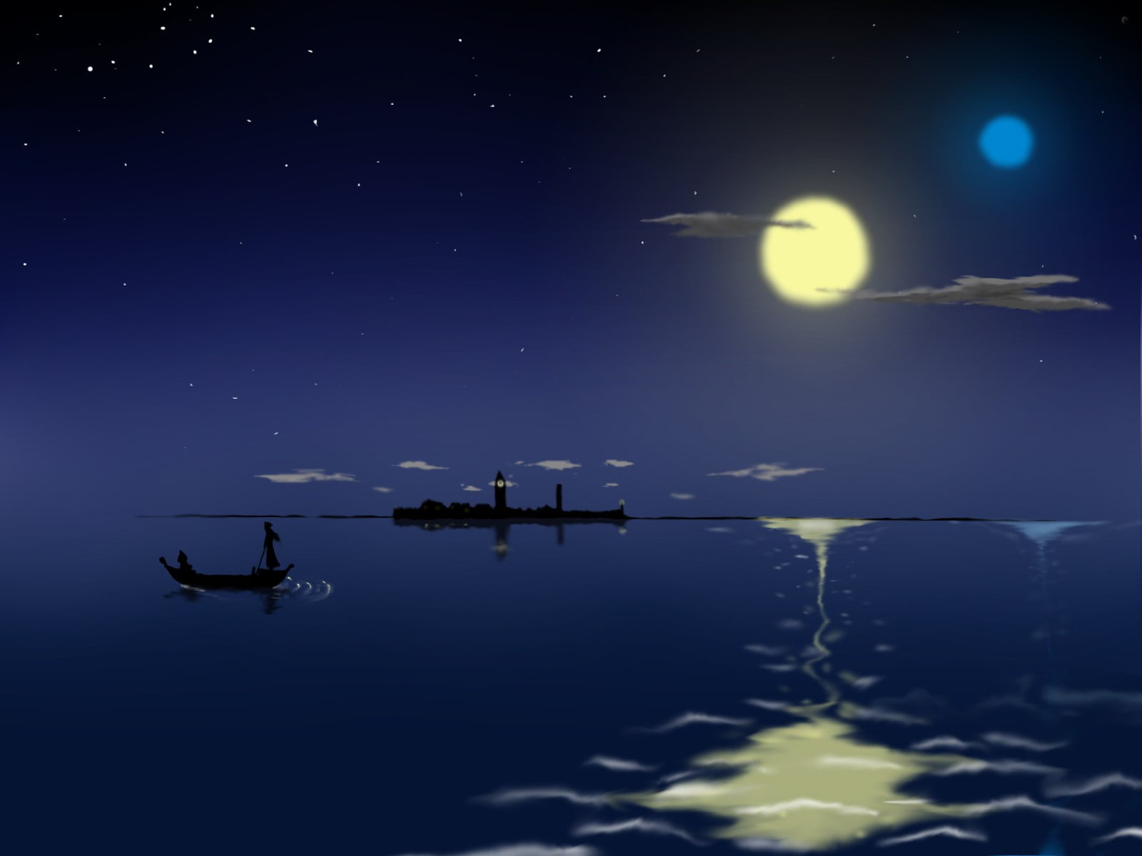 leisure activity, moonlight, anime, scenics - nature, mode of transportation, one person, night, nature, riding, adventure, silhouette, lens flare, sea, HD Wallpaper