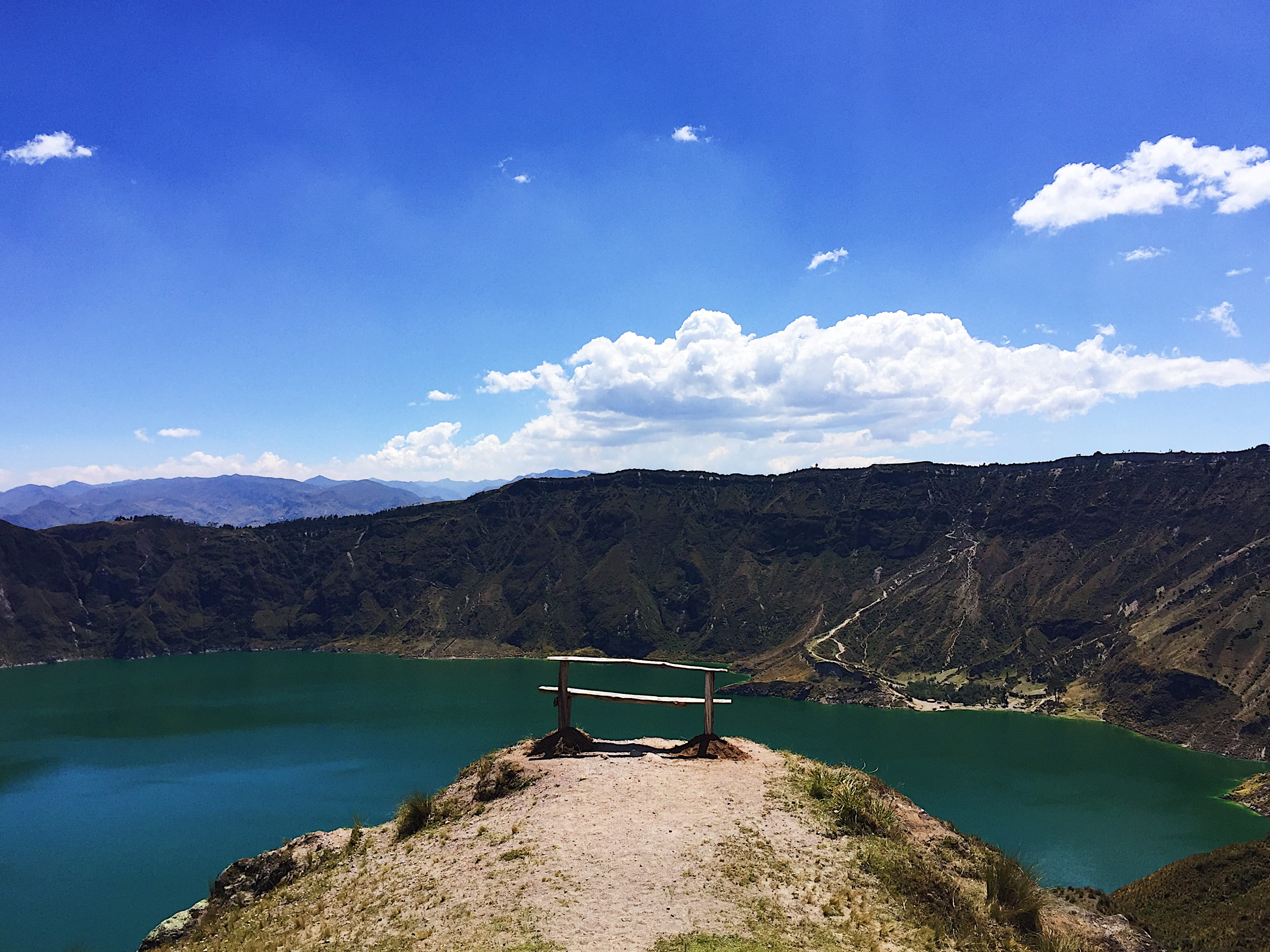 ecuador, beauty in nature, lake, mountain, bench, tranquil scene, clouds, travelling, nature, no people, rock - object, sky, landscape, hiking, blue, solo, HD Wallpaper