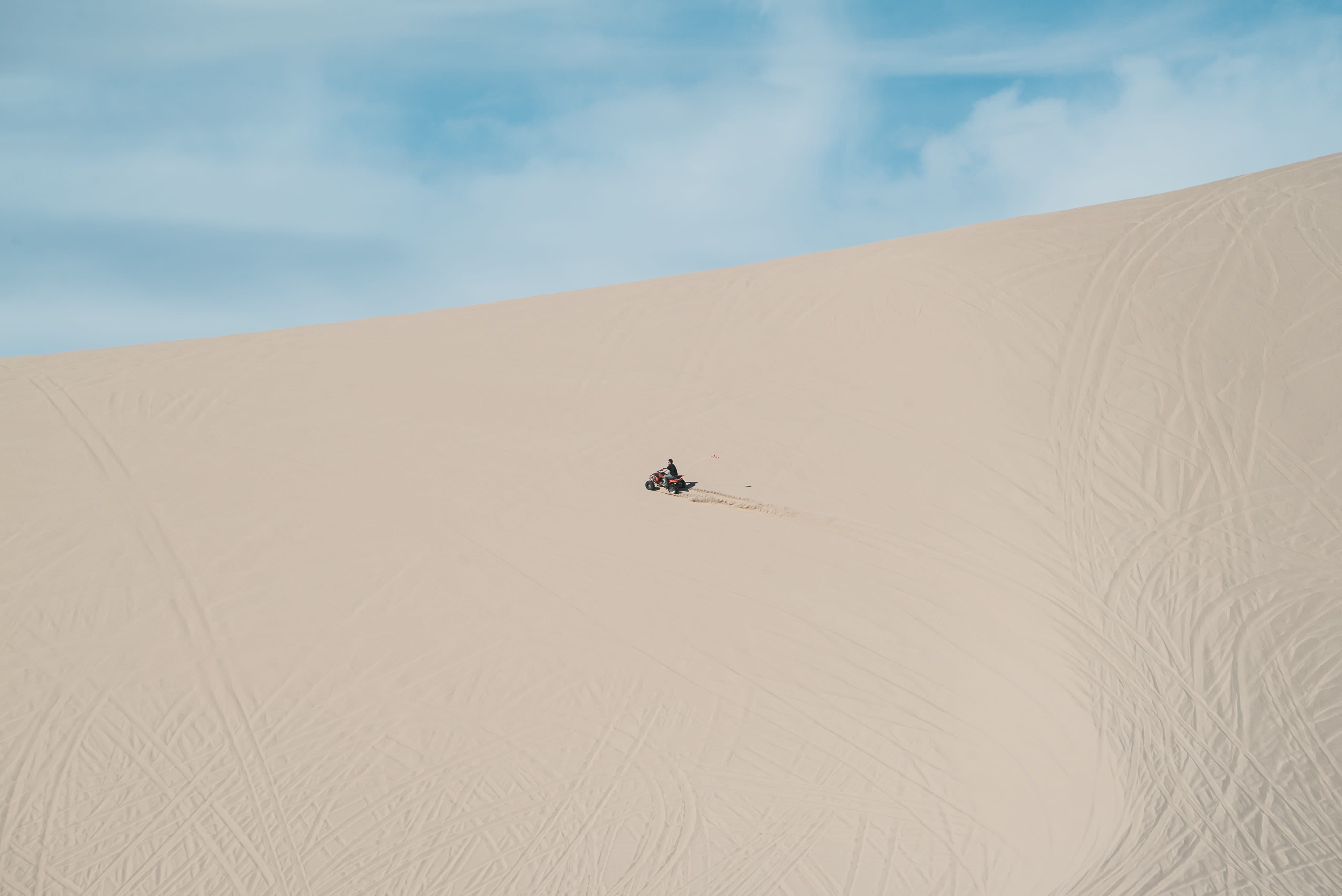 arid climate, vehicle, nature, day, climate, travel, drive, motorcycle, minimal, outdoors, remote, landscape, recreational, person, desert, riding, sand dune, HD Wallpaper