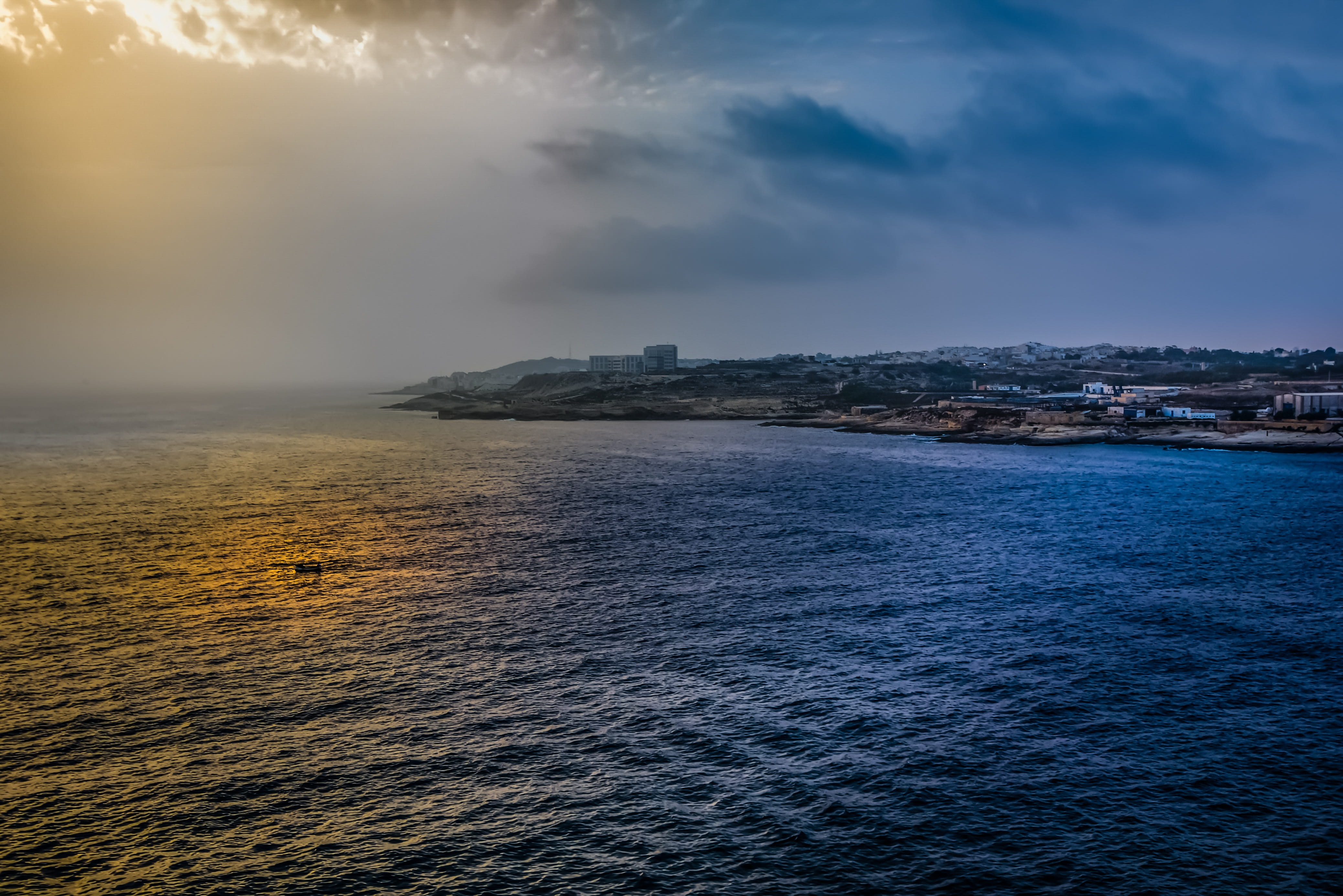 lonely, 4K, coast, harbor, mist, travel, tranquil scene, land, sun, sunset, Ocean, shine, scenics - nature, idyllic, cloud - sky, Boat, dusk, malta, non-urban scene, HD Wallpaper