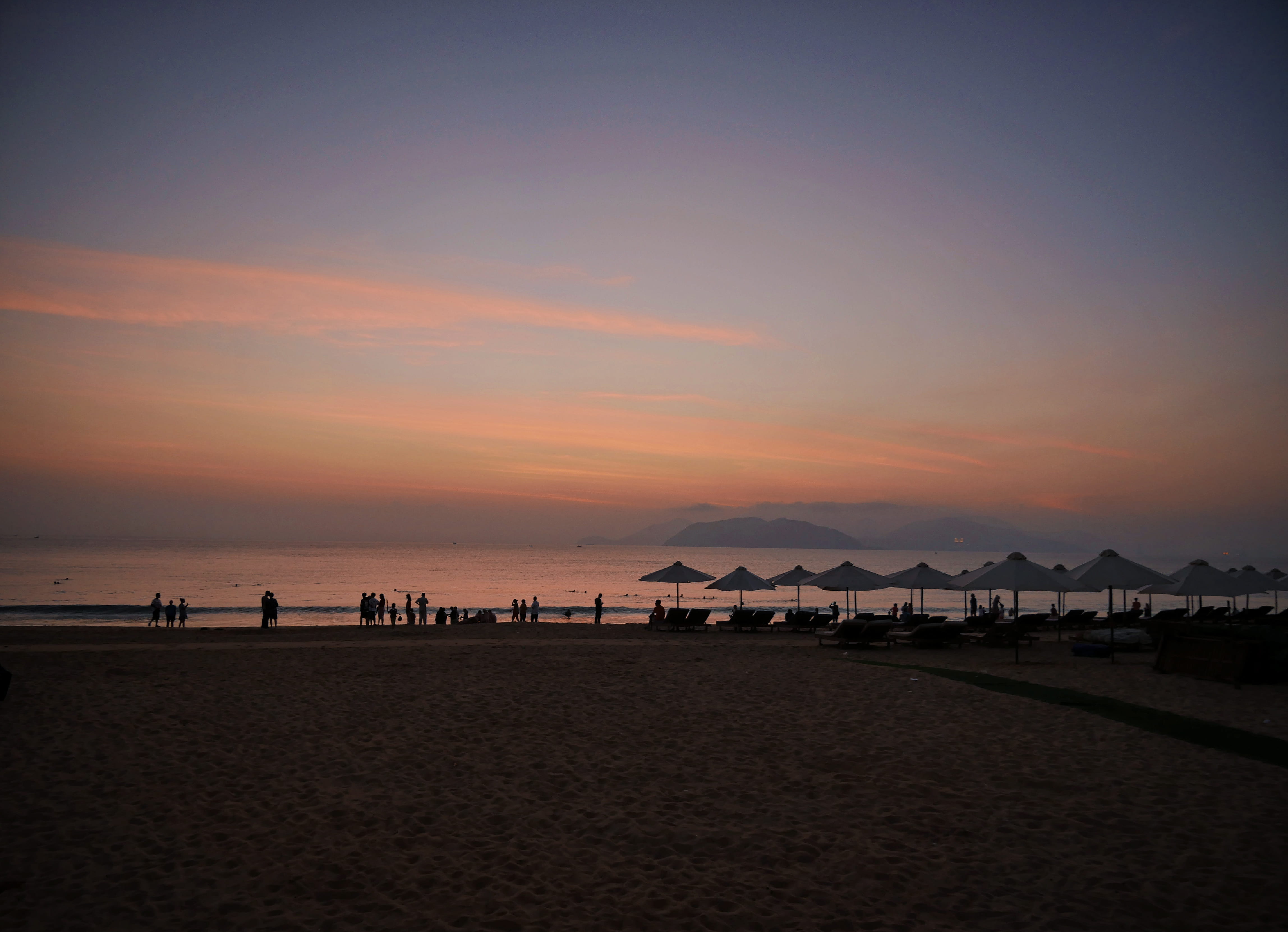 orange color, umbrellas, orange, asia, tropical destinations, water, travel, sky, sunrise, sand, tropical destination, scenics - nature, vietnam, islands, HD Wallpaper