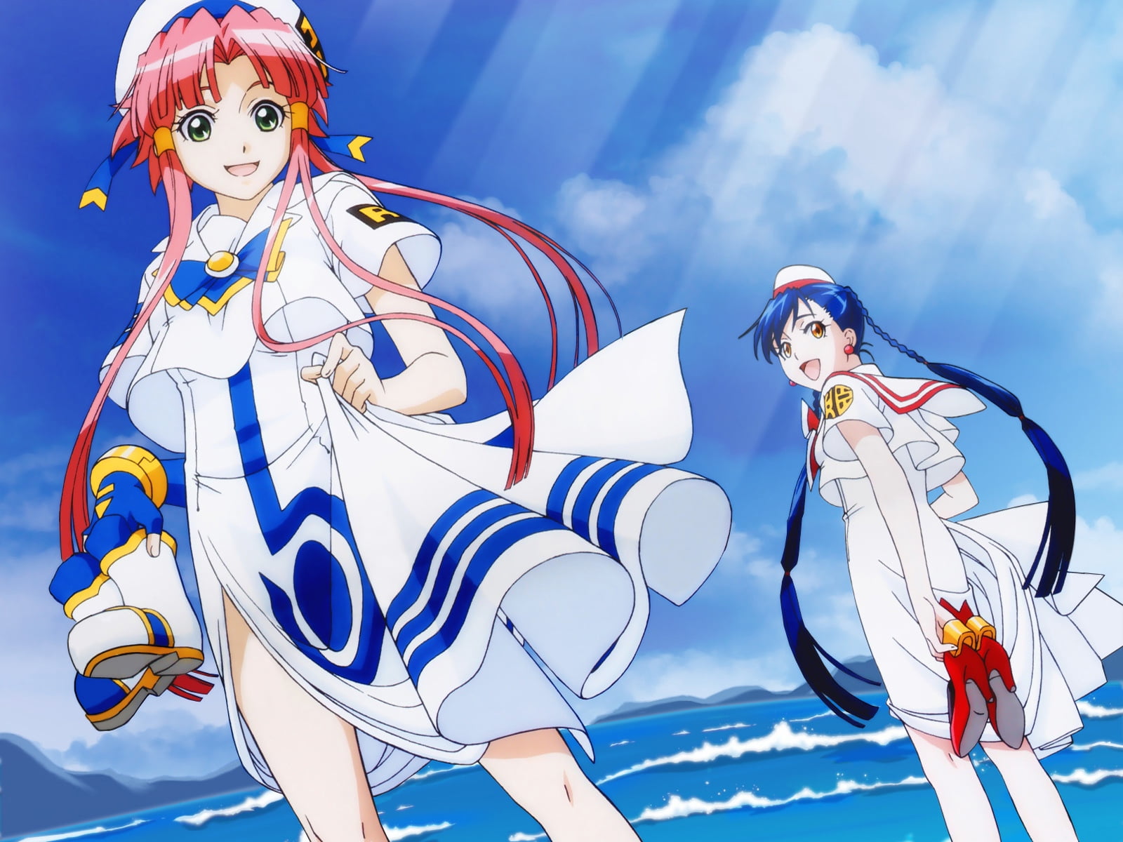 white color, representation, multi colored, woman, art and craft, 720P, cloud - sky, blue, boots, day, low angle view, the testament of sister new devil, HD Wallpaper