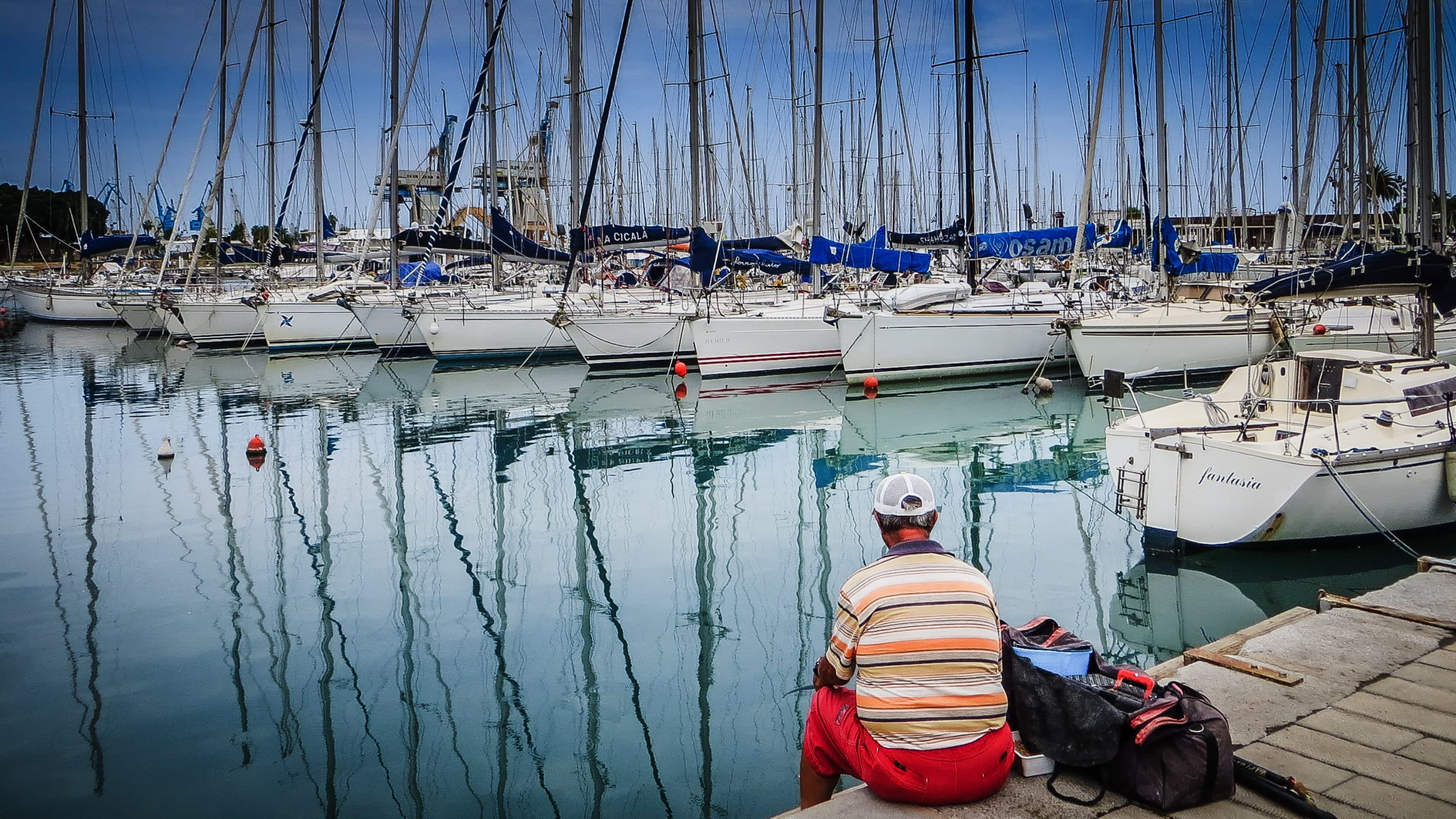 sailboat, marina, 2K, sailing yachts, sky, one person, mirroring, italy, day, pole, fishing industry, street photography, real people, transportation, HD Wallpaper