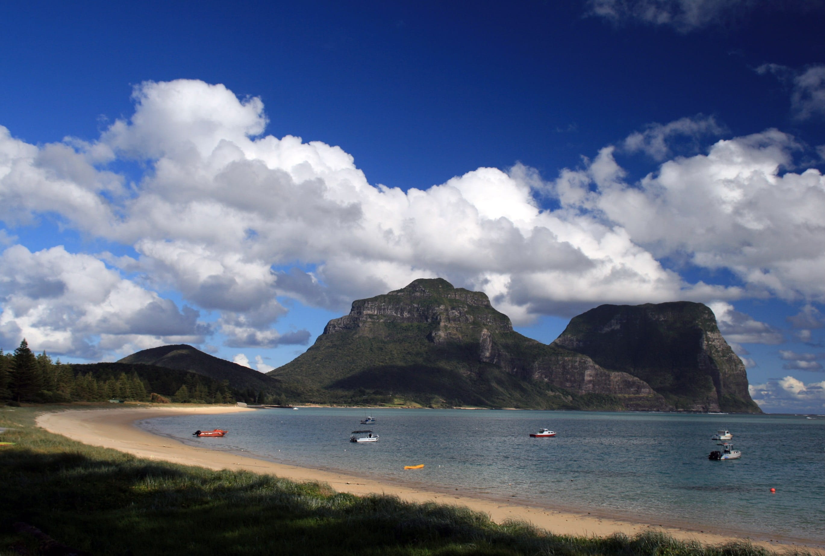 beauty in nature, transportation, nature, day, bay, nsw, yacht, Lord Howe Island, nautical vessel, mode of transportation, cloud - sky, outdoors, mountain range, HD Wallpaper