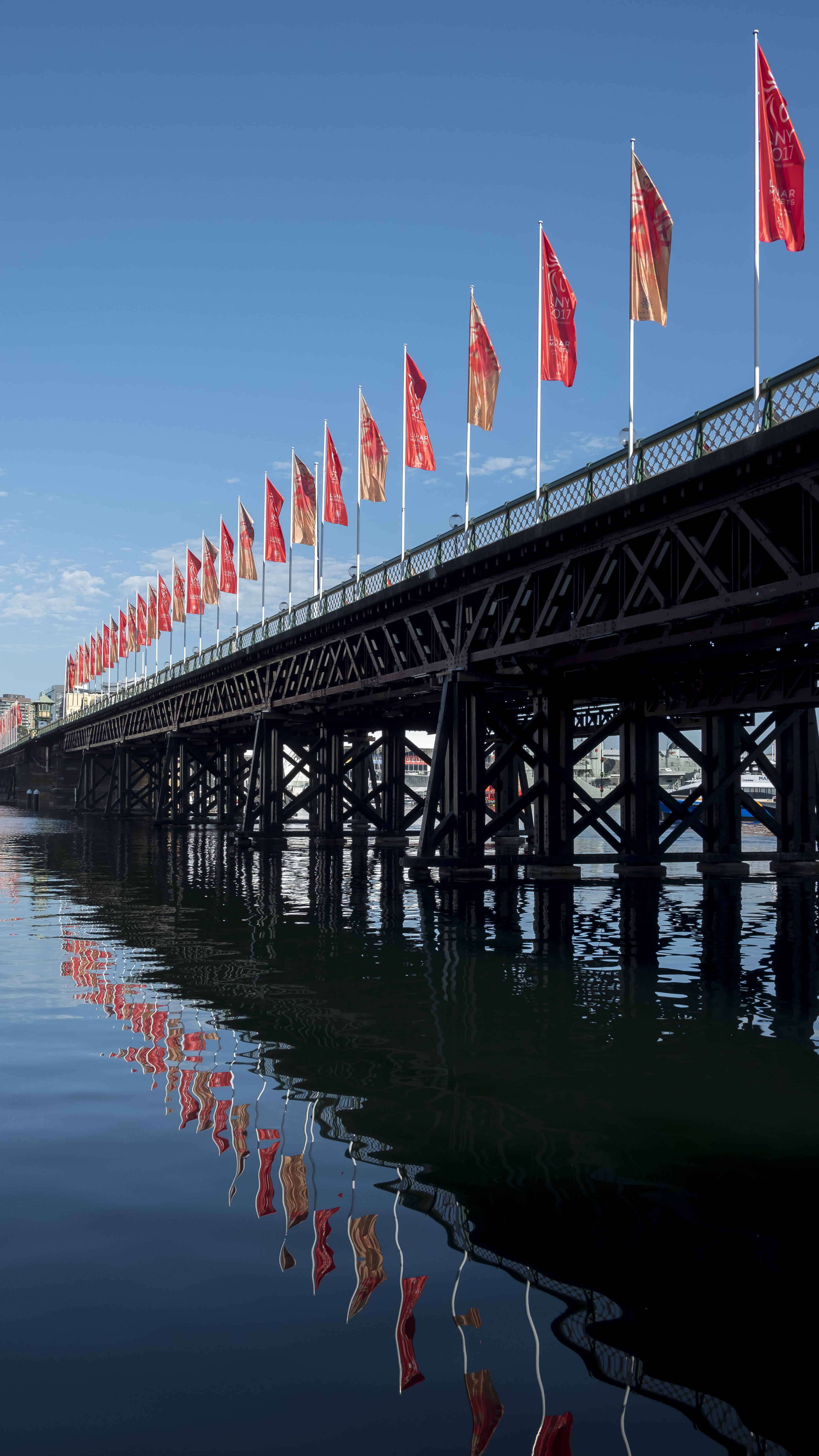 connection, repetitive, outdoors, nature, australia, pillar, reflection, pyrmont, bridge - man made structure, sky, building exterior, bridge, railing, Phone HD Wallpaper