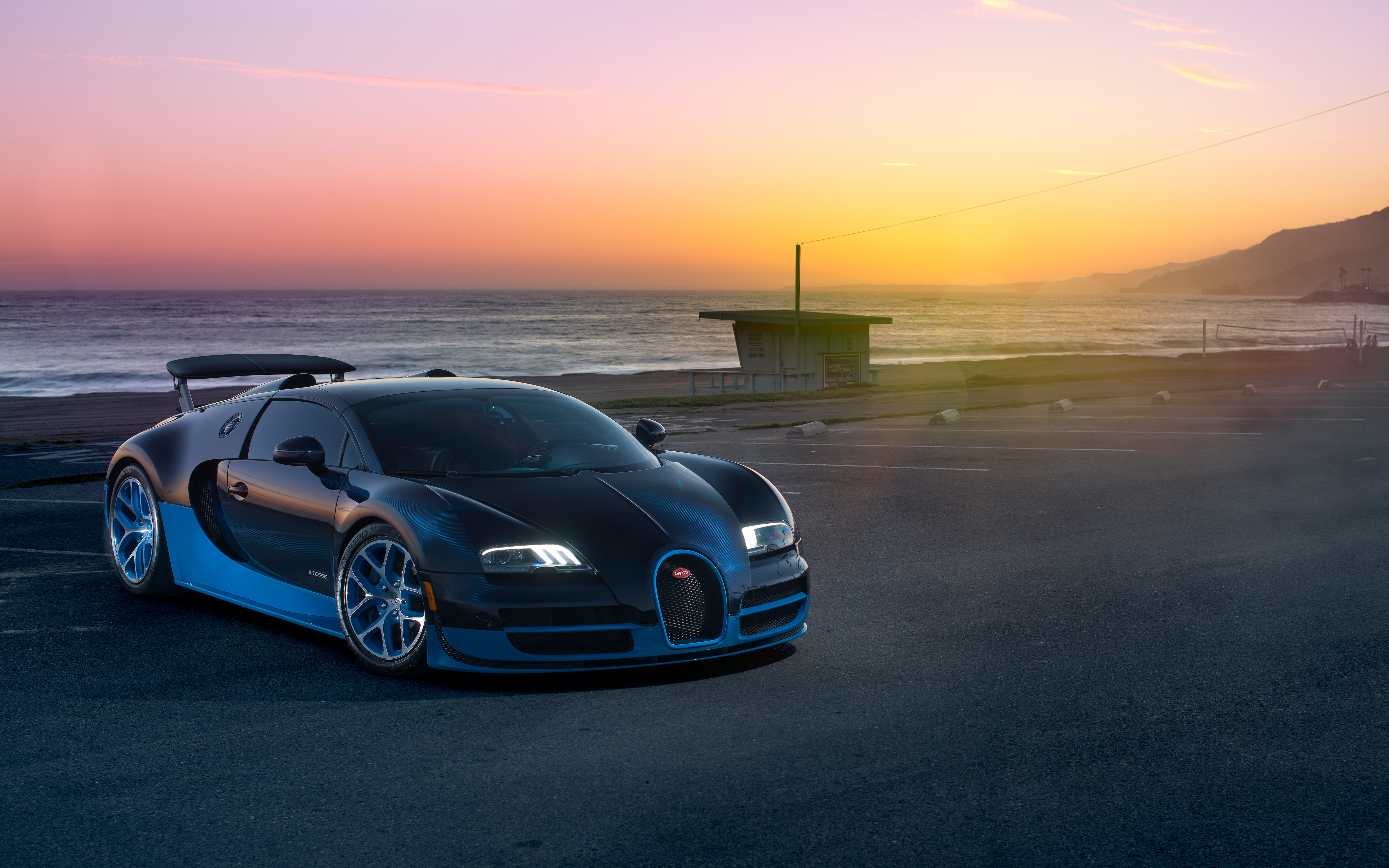 Bugatti, no people, land, 4K, sunset, horizon, sky, k, cloud - sky, travel, mode of transportation, nature, horizon over water, Veyron, sea, scenics - nature, HD Wallpaper