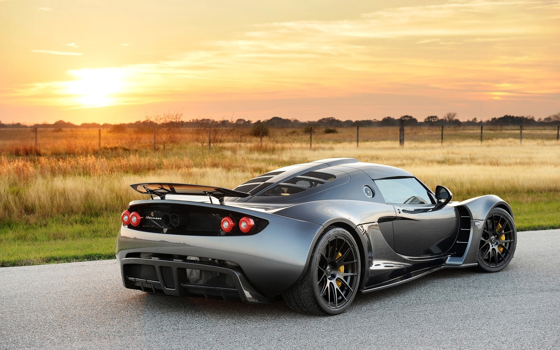 Dark Knight, Venom GT, the sky, 1080P, Hennessy, rear view, Hennessey, supercar, sunset, HD Wallpaper