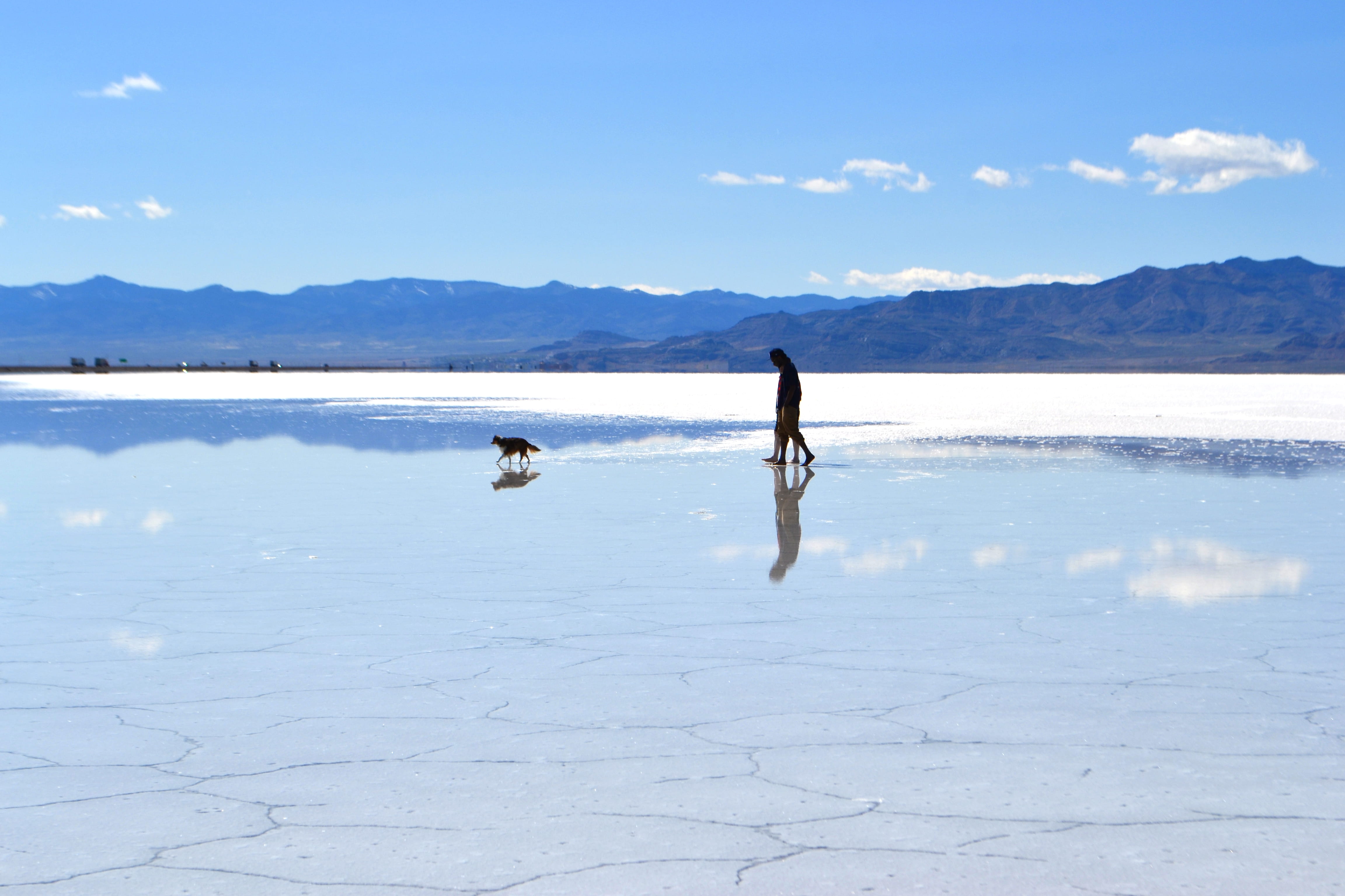 mountain, water, beauty in nature, unrecognizable person, nature, leisure activity, bonneville salt flats, united states, tranquility, one person, sky, HD Wallpaper