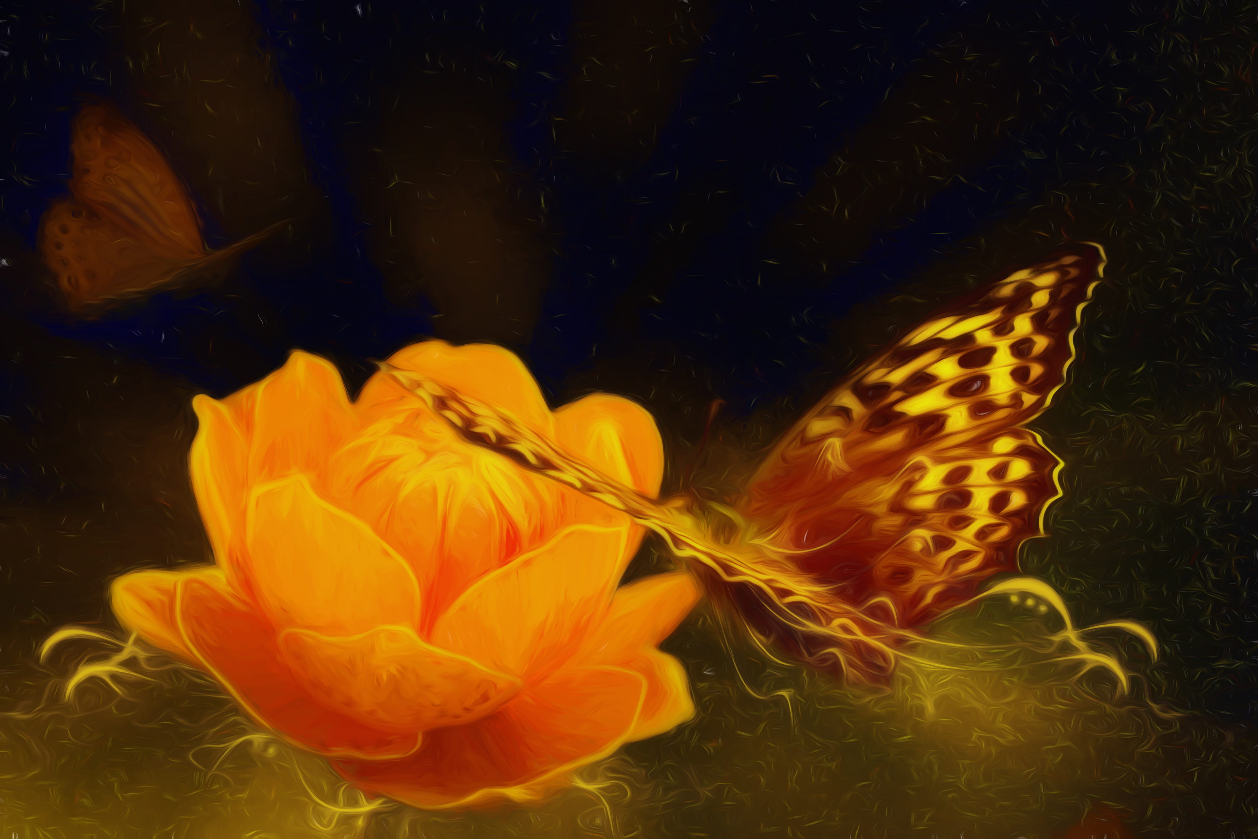 bloom, flower head, plant, petaled, digital art, butterflies, brown, art, fragility, near, yellow, field, freshness, 4K, artwork, orange, outdoors, blossom, HD Wallpaper