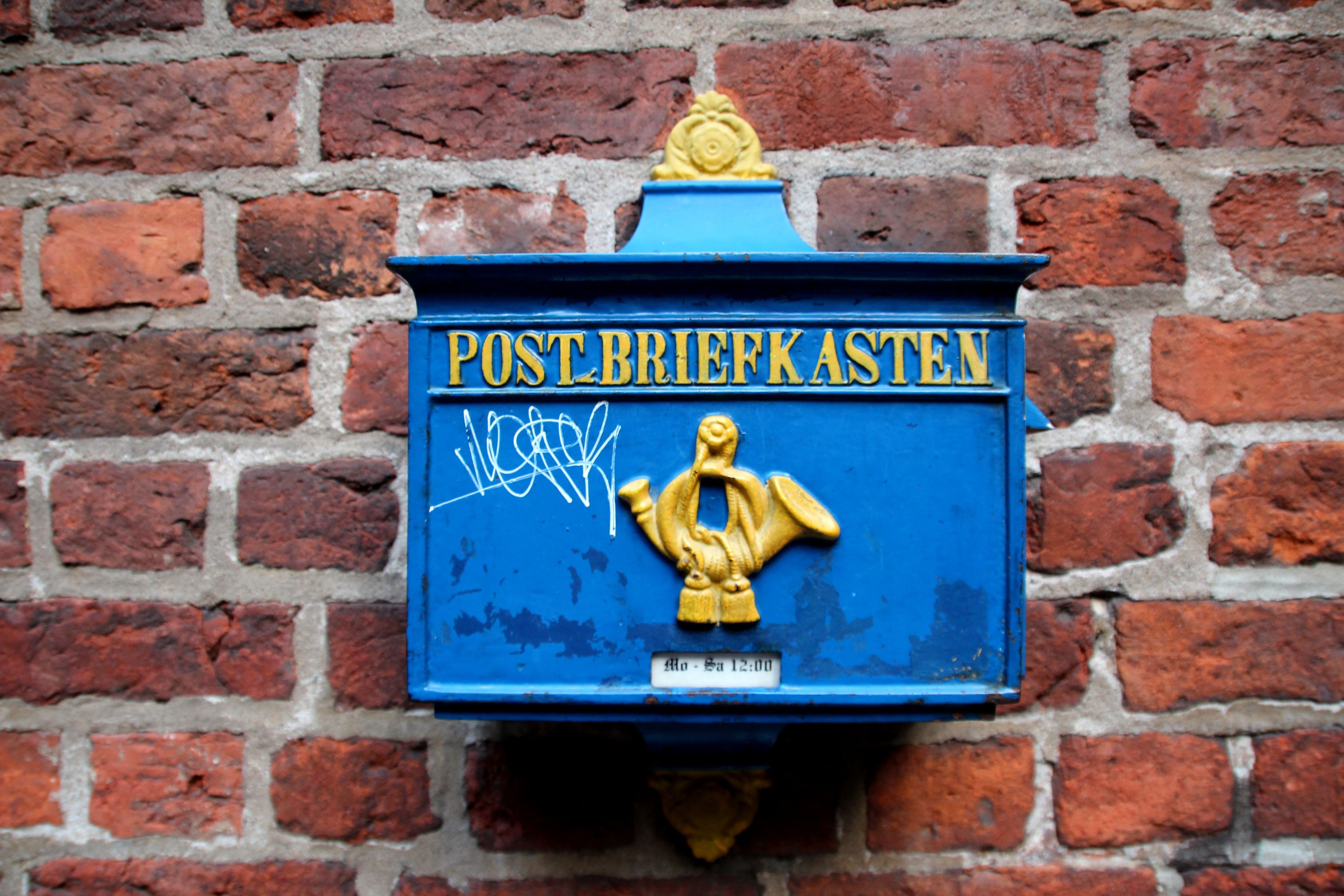 letters, mailbox, text, mural, art and craft, red, sign, box, post, post mail box, built structure, briefk, human representation, day, blue, 4K, close-up, HD Wallpaper
