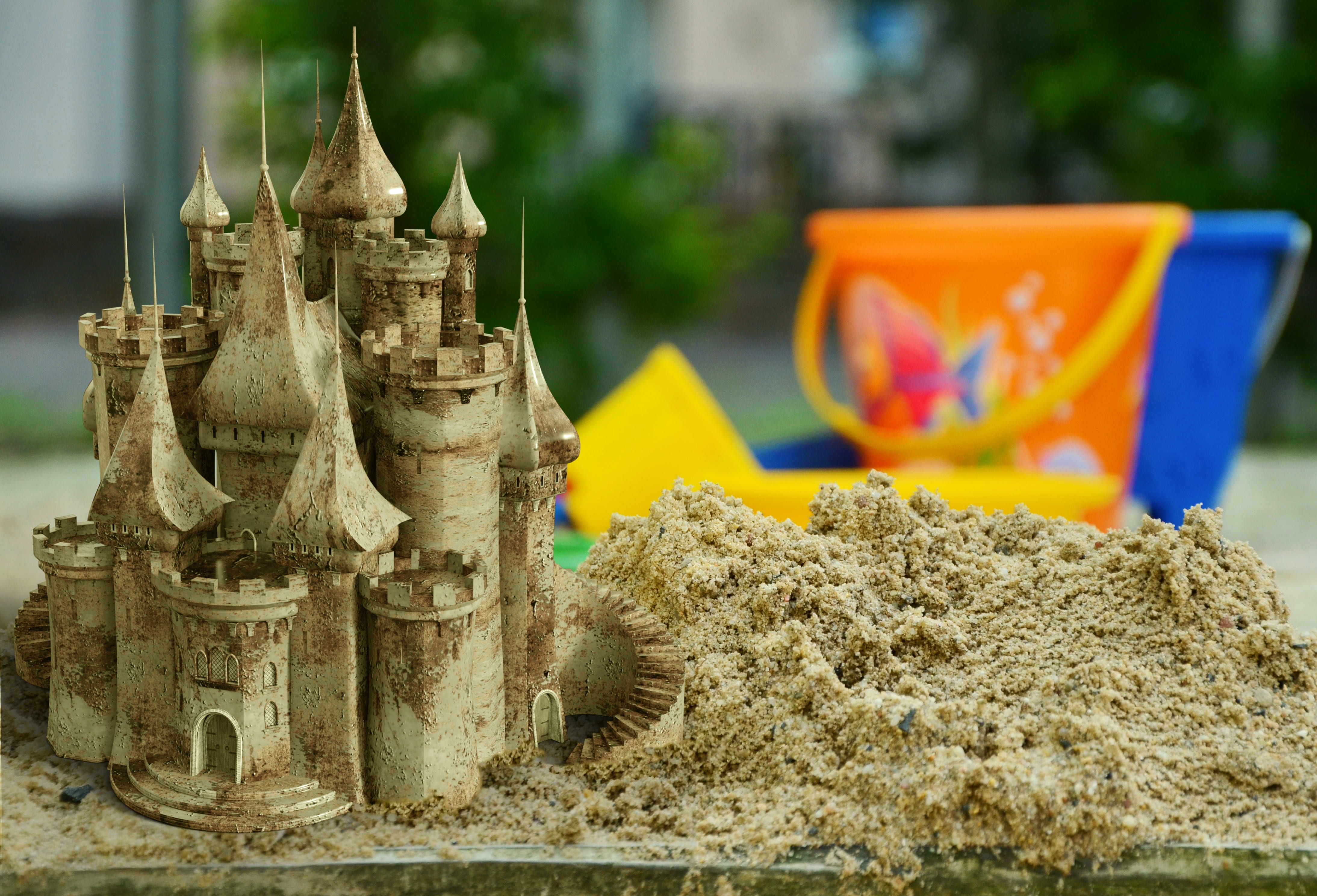 sandburg, religion, plant, outdoors, sand, selective focus, sand bucket, focus on foreground, building, 4K, built a work of art, photography, sand pit, HD Wallpaper